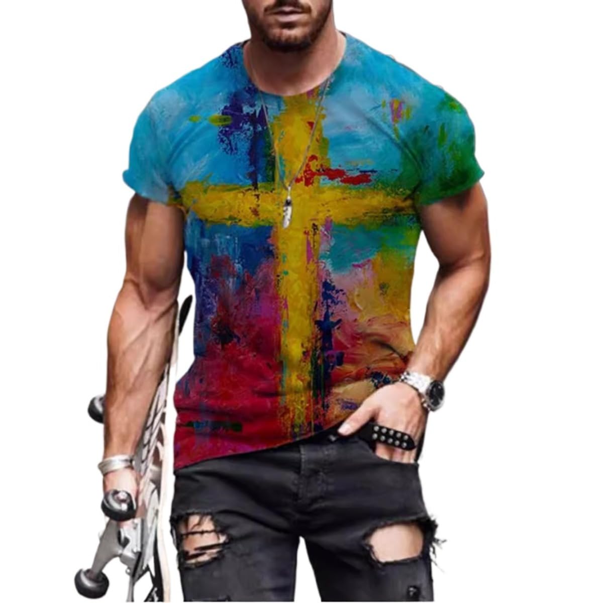 New Men's Casual Cross Faith Printed T-Shirt Street Hipster Fashion 3D Printed Short Sleeve T-Shirt