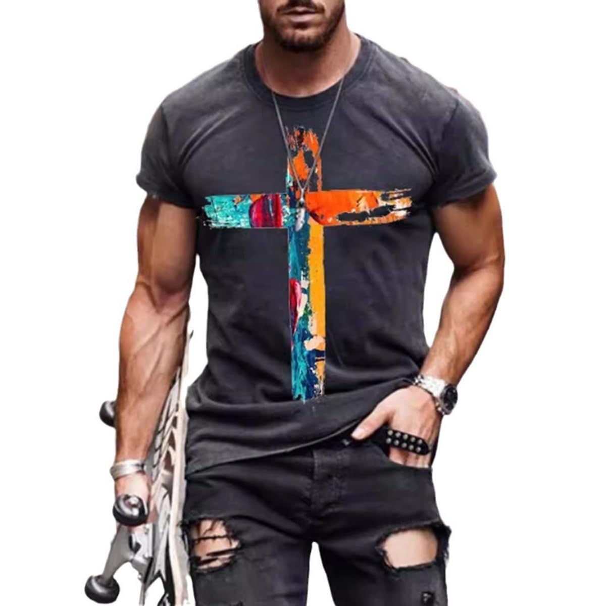 New Men's Casual Cross Faith Printed T-Shirt Street Hipster Fashion 3D Printed Short Sleeve T-Shirt