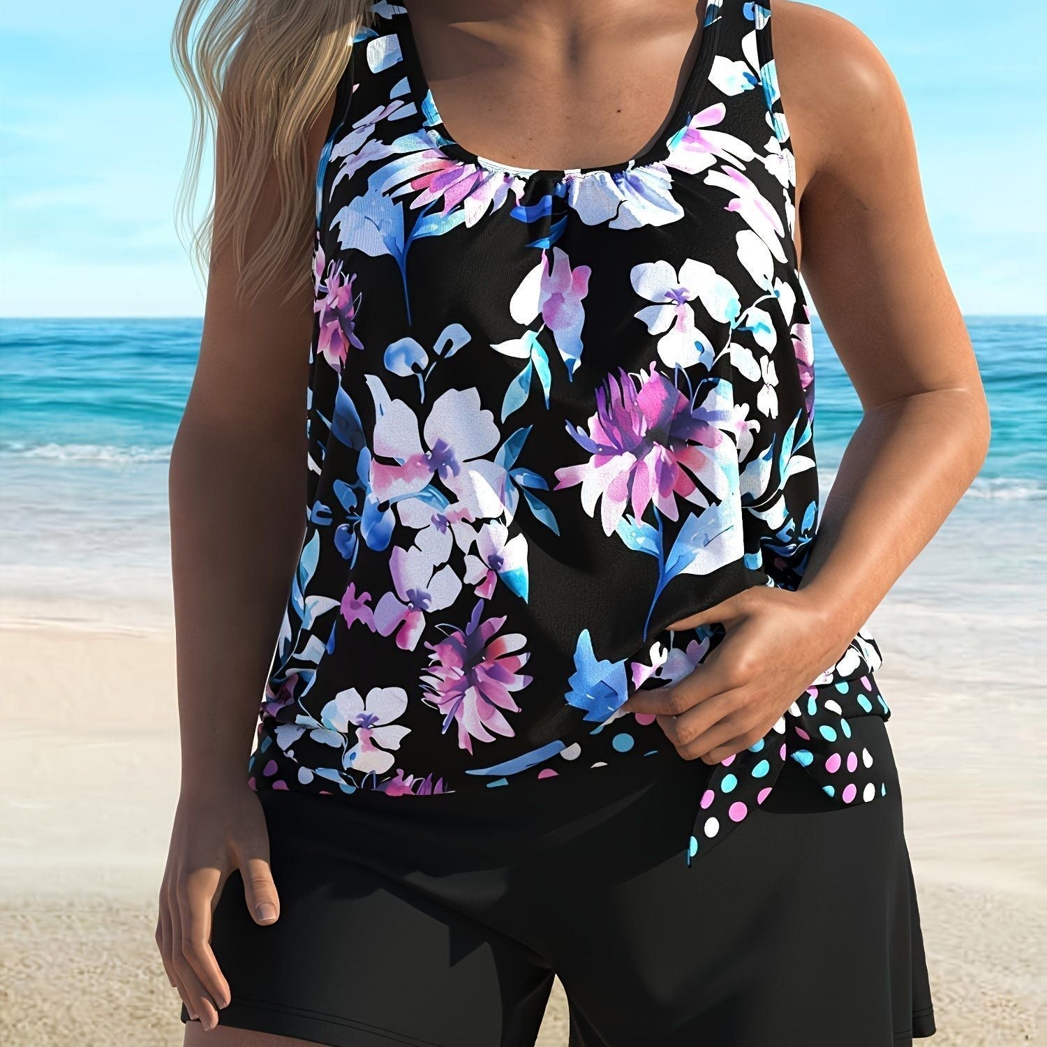 New women's Tankini suit with chest cushion and no steel ring, conservative style swimsuit