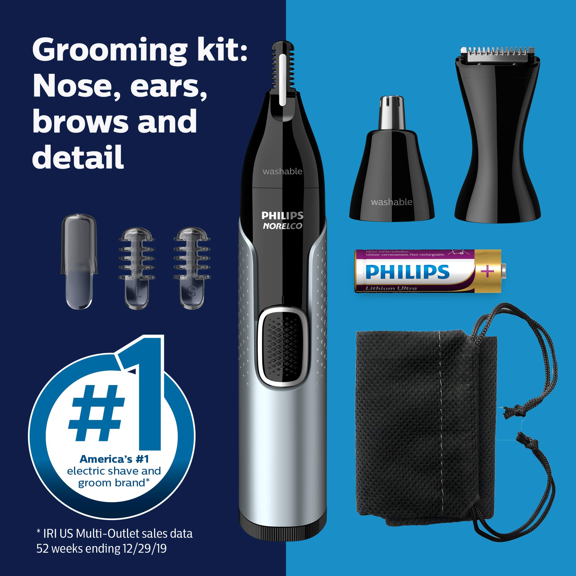 Norelco Philips Nose Trimmer 5000, for Nose, Ears, Eyebrows, Black and Silver, NT5600/42