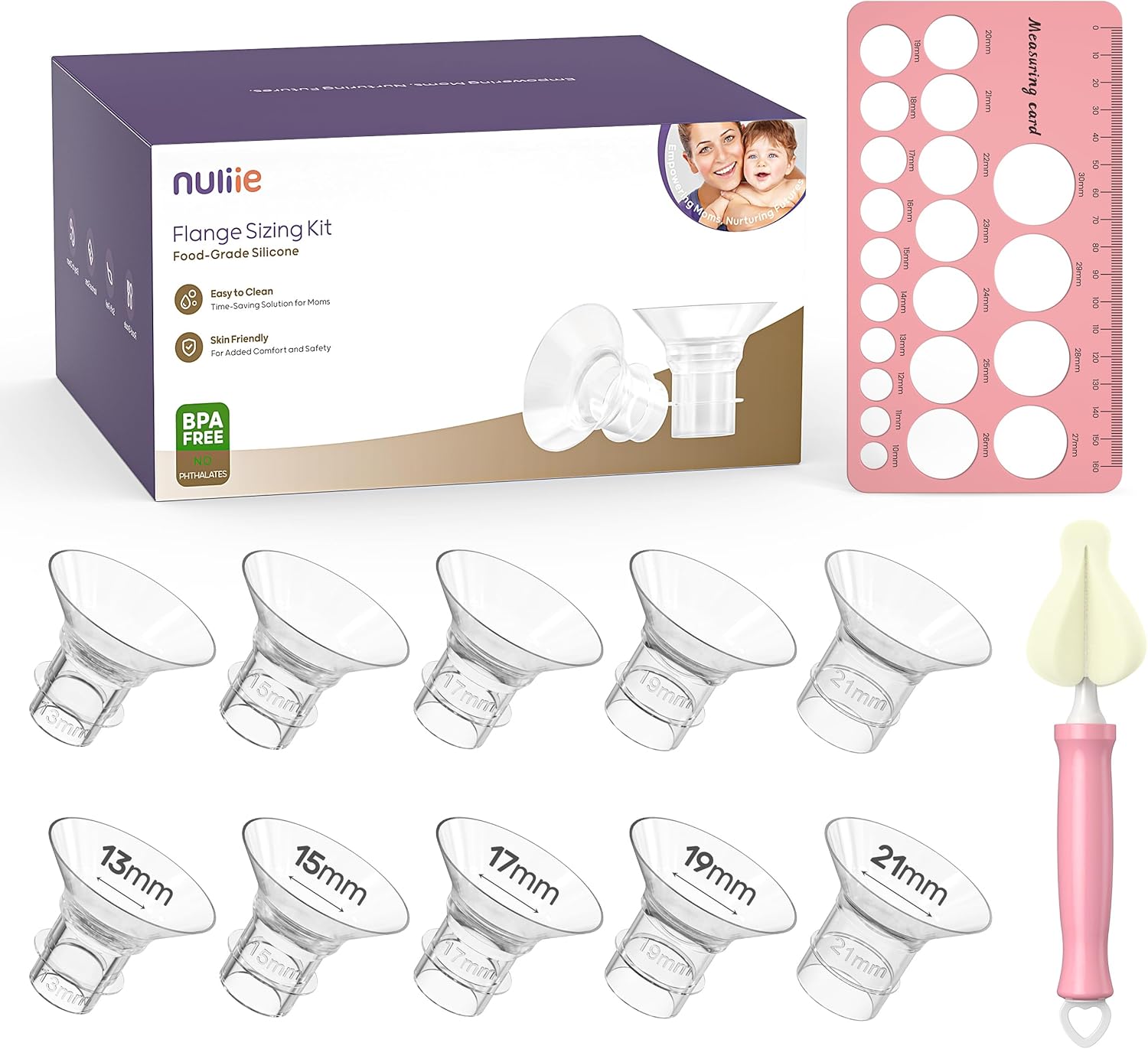 Nuliie 10PCS Flange Sizing Kit 13/15/17/19/21mm for 24mm Flange/Shield of Most Pumps, Silicone Flanges Insert for Momcozy/Spectra Electric Breast Pumps, Pumping Essential Kit for Moms