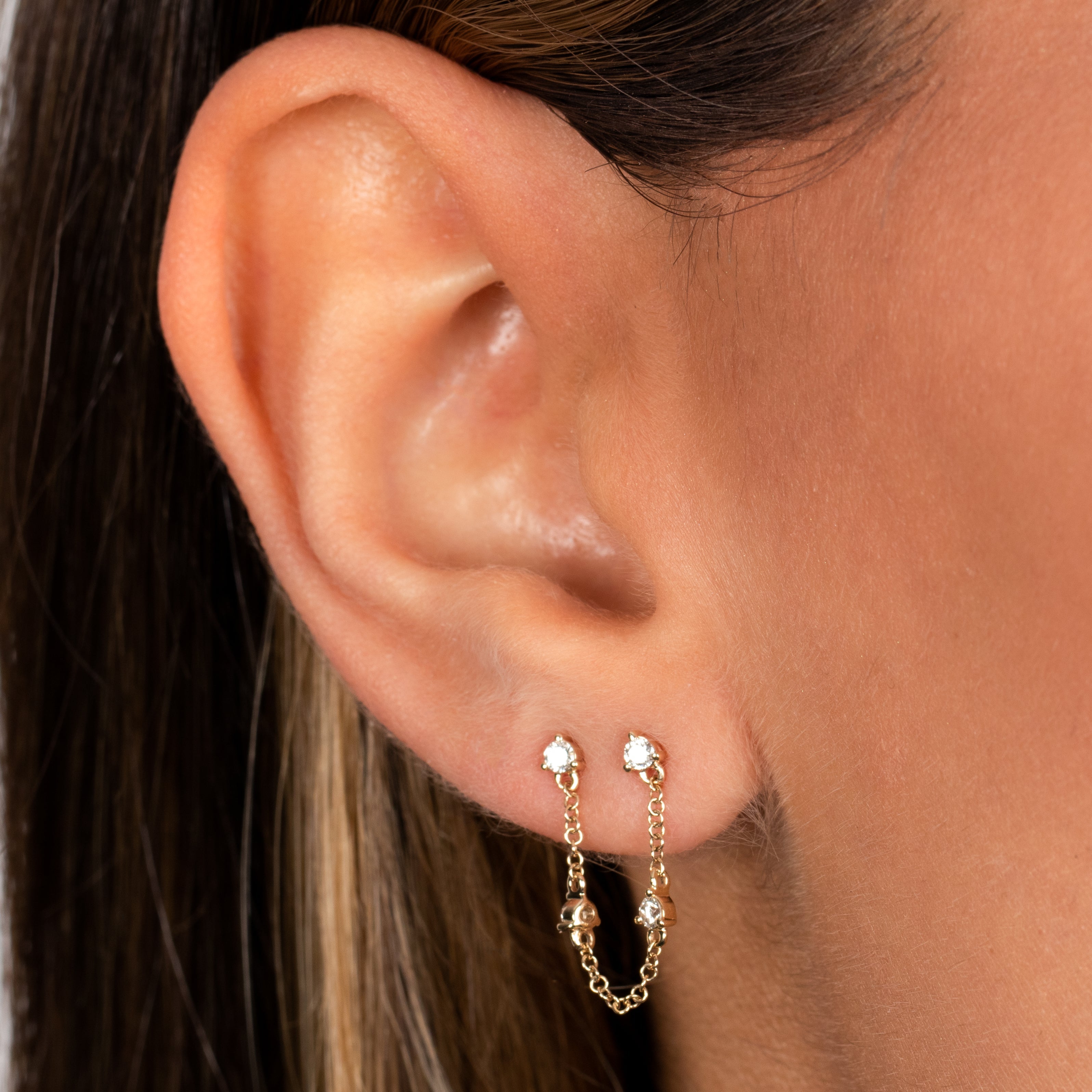  Diamond Multi Stone Double Chain Stud Earring 14K - Adina's Jewels