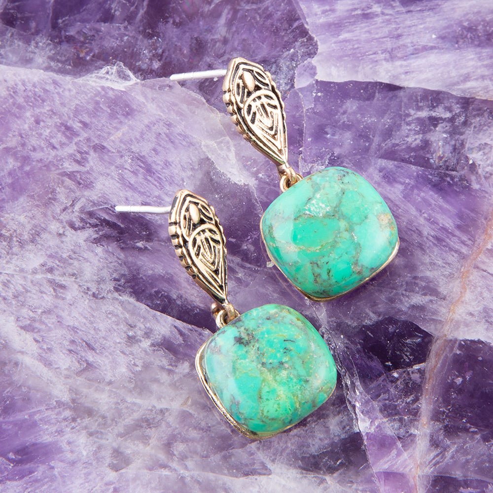 Ornate Lime Green Turquoise Golden Post Top Earrings