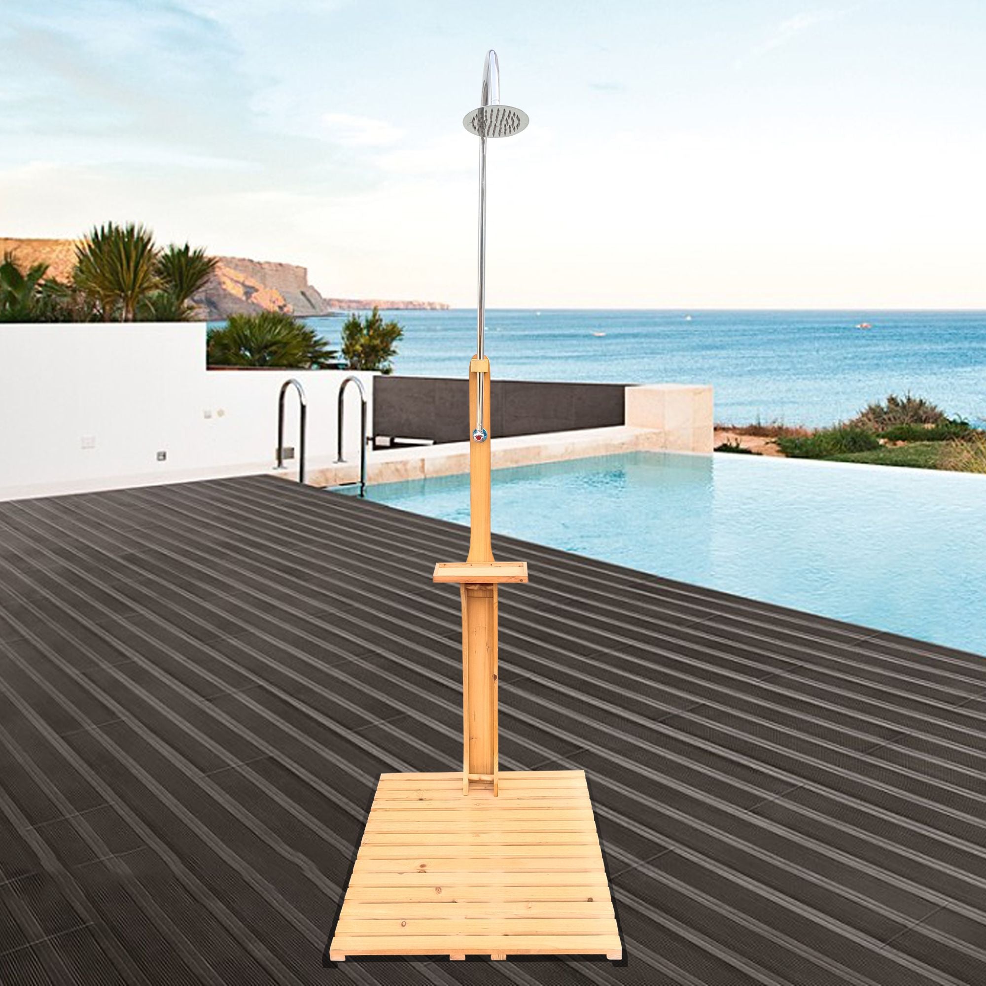 Outdoor Garden Pool Shower with Chassis Board, for Swimming Pool, Patio, Terrace, Garden, Wood