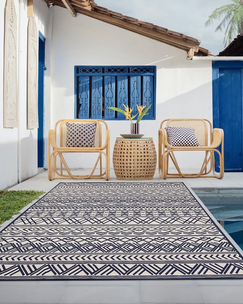 Outdoor Rug Carpet 5x8 ft, Flatweave Textured Outdoor Patio Rug Non Slip Indoor Outdoor Rugs with Rubber Particles Backing Boho Outdoor Area Rug for Patio Deck Front Porch Backyard Balcony