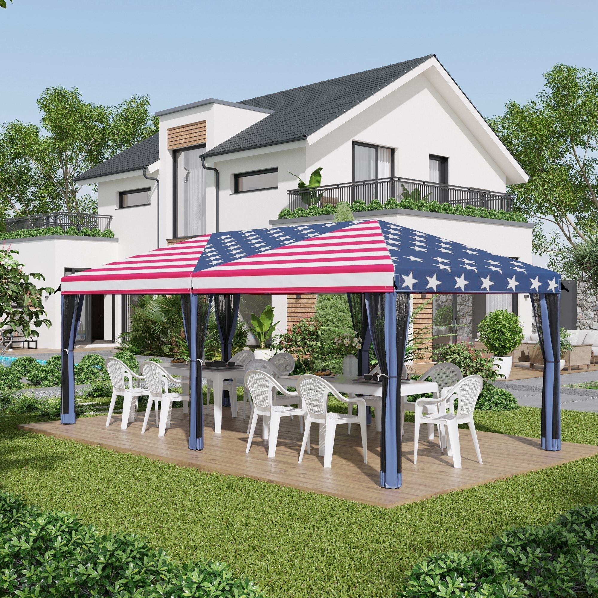 Outsunny 10' x 20' Pop-Up Canopy Tent Gazebo with American Flag Print and 6 Mesh Sidewalls, for Outdoor Events
