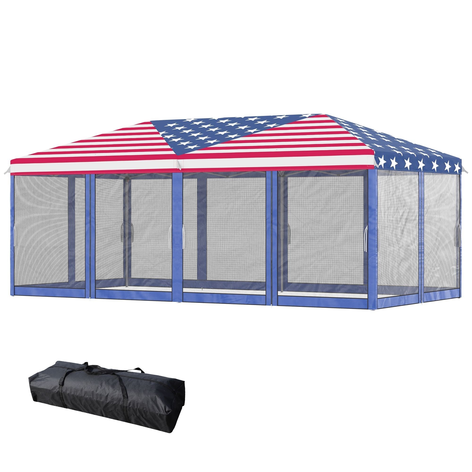 Outsunny 10' x 20' Pop-Up Canopy Tent Gazebo with American Flag Print and 6 Mesh Sidewalls, for Outdoor Events