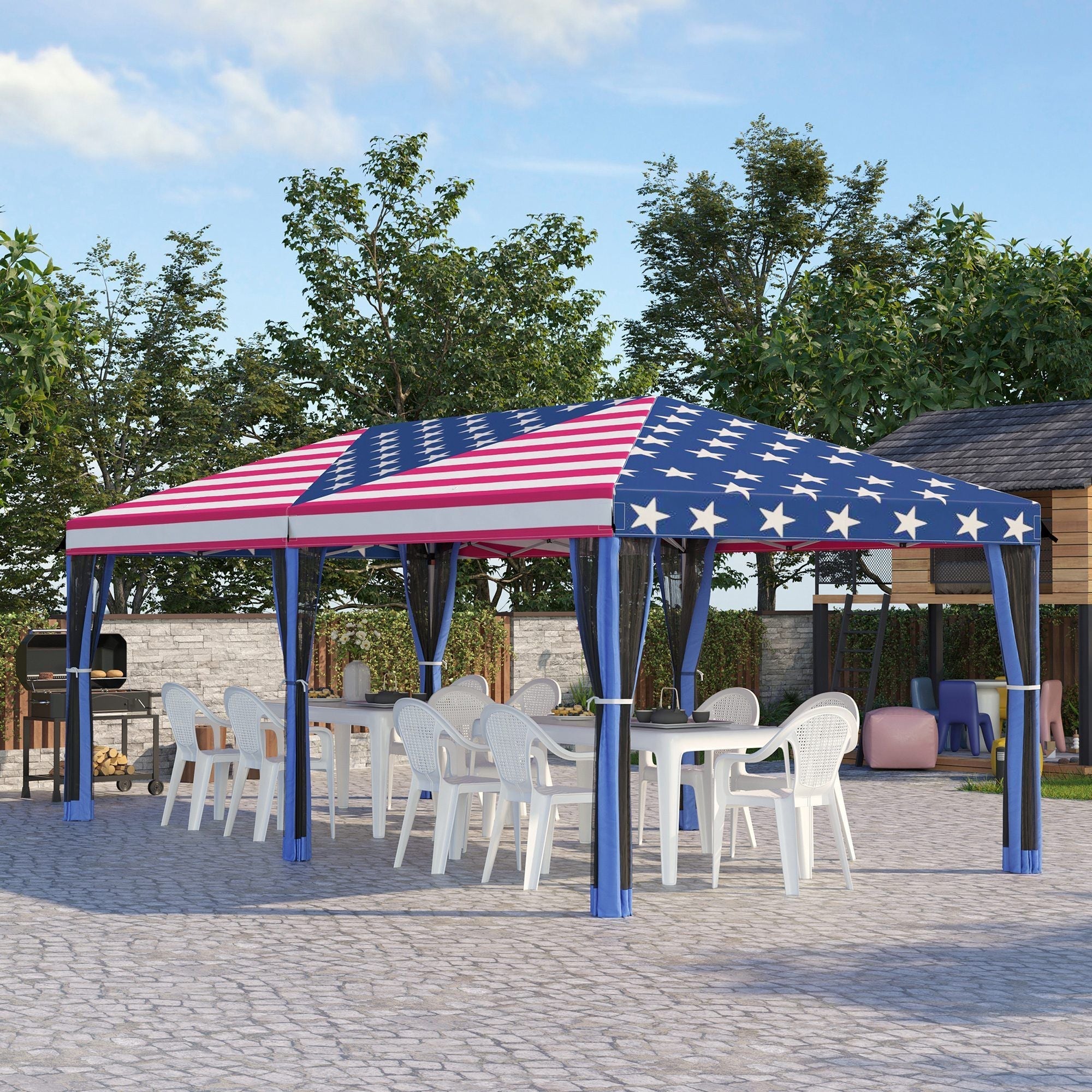 Outsunny 10' x 20' Pop-Up Canopy Tent Gazebo with American Flag Print and 6 Mesh Sidewalls, for Outdoor Events