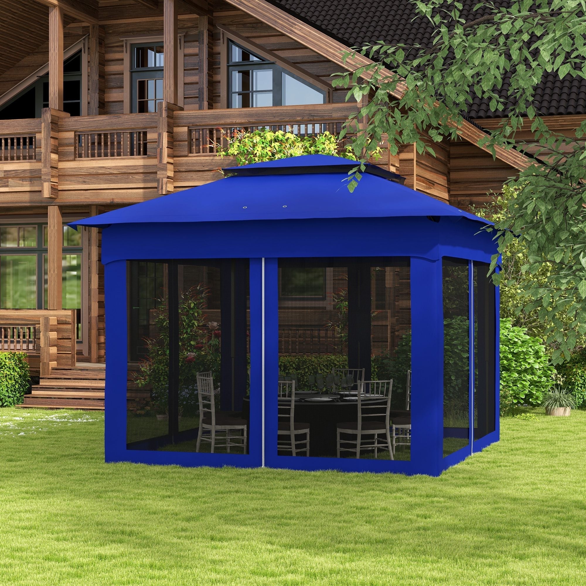 Outsunny 11 x 11 Pop-Up Canopy Gazebo Outdoor Patio Event Tent with Zipper Netting,Carry Bag, UV Protection for Backyard & Garden, Blue