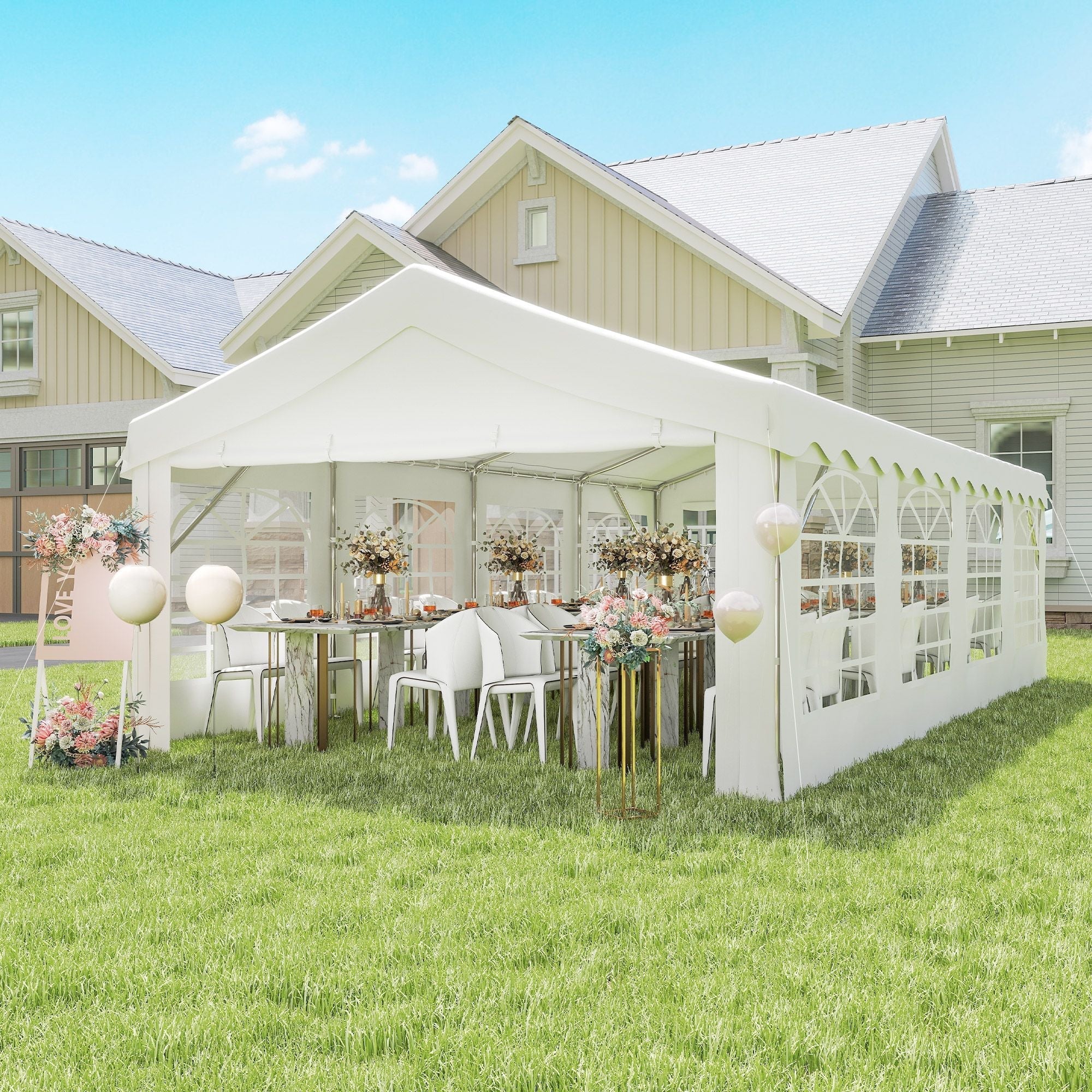 Outsunny 13' x 26' Heavy-Duty Outdoor Carport Party Event Tent, Patio Gazebo Canopy Pavilion with 4 Sidewalls & 8 Windows, White