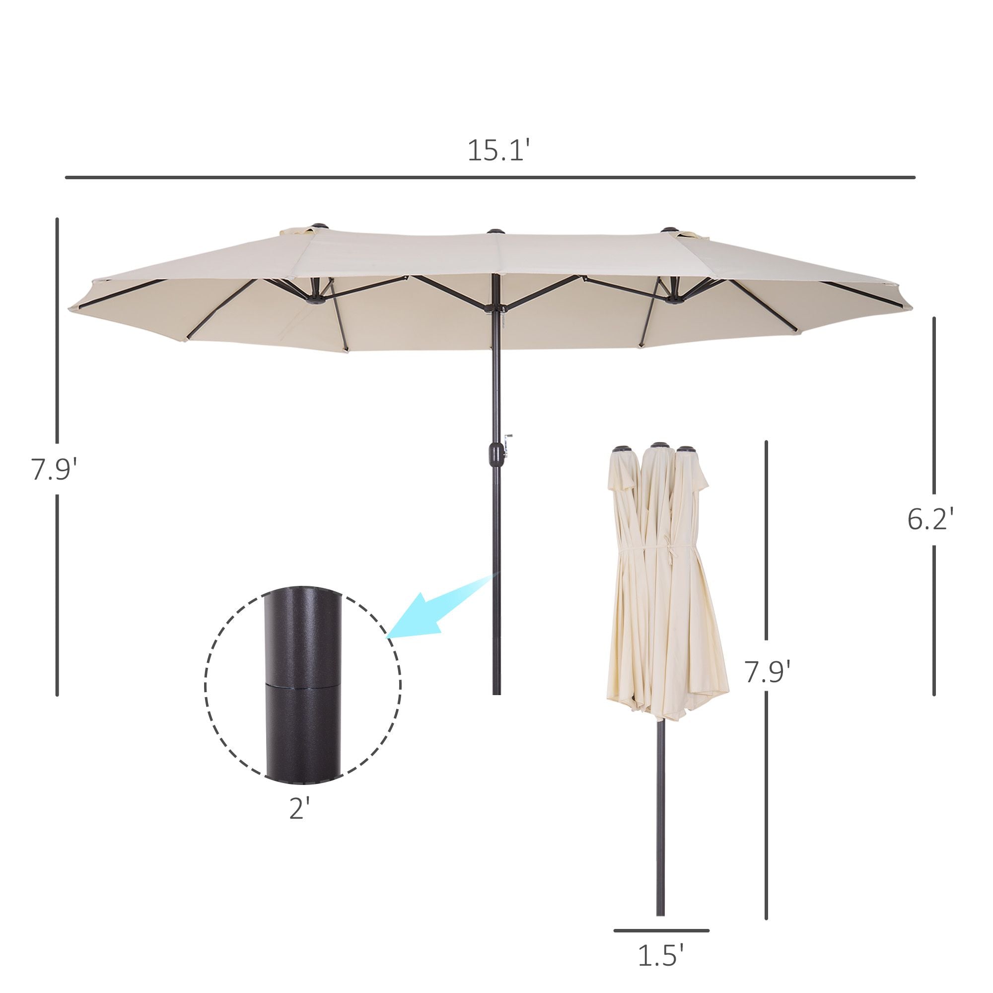 Outsunny 15ft Double-Sided Patio Umbrella Outdoor Market Extra Large Cream White with Crank for Deck Lawn Backyard Pool