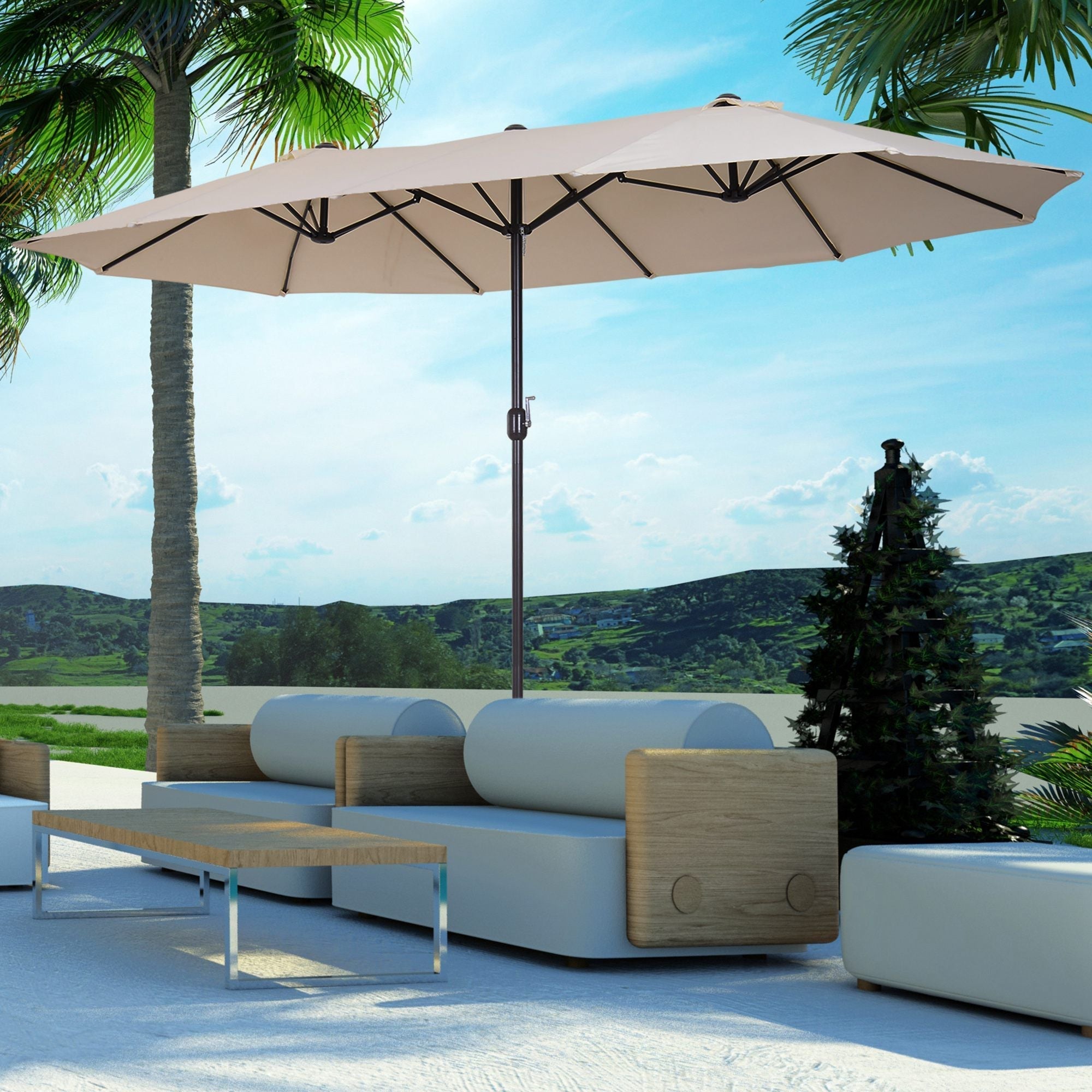 Outsunny 15ft Double-Sided Patio Umbrella Outdoor Market Extra Large Cream White with Crank for Deck Lawn Backyard Pool