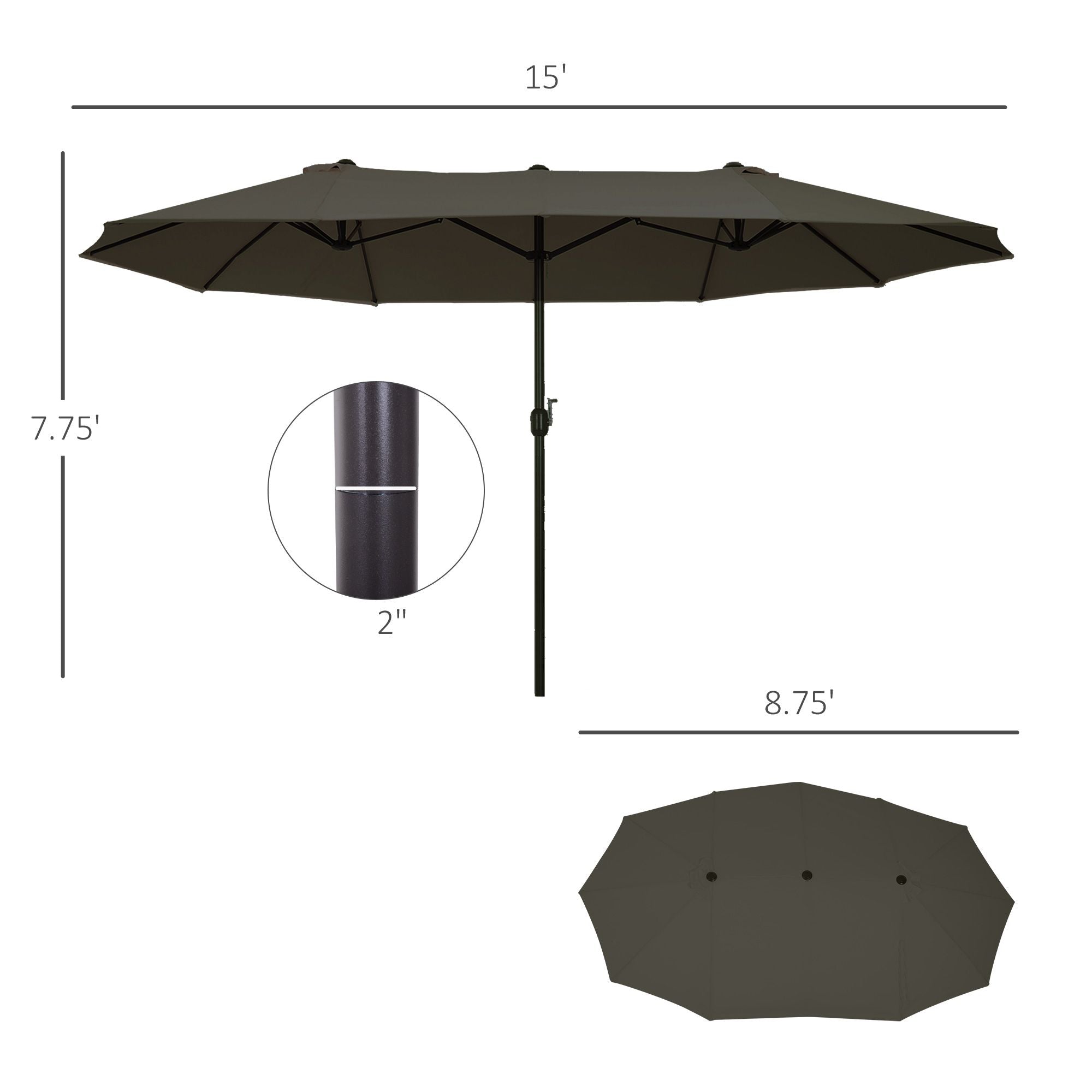 Outsunny 15ft Double-Sided Patio Umbrella Outdoor Market Extra Large Gray with Crank for Deck Lawn Backyard Pool