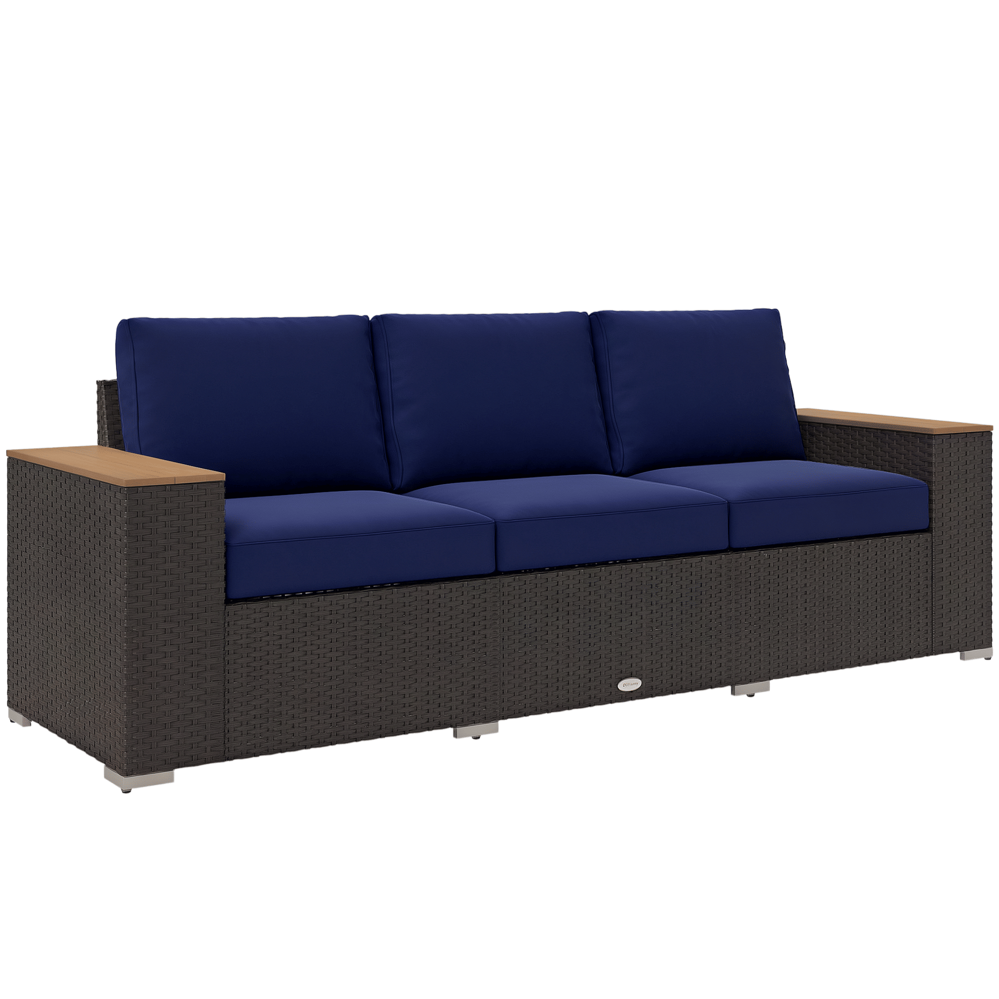 Outsunny 3-Seat Outdoor Patio Sofa with Cushions, PE Rattan Wicker Sofa with Wide Armrests, Outdoor Wicker Couch, Navy Blue