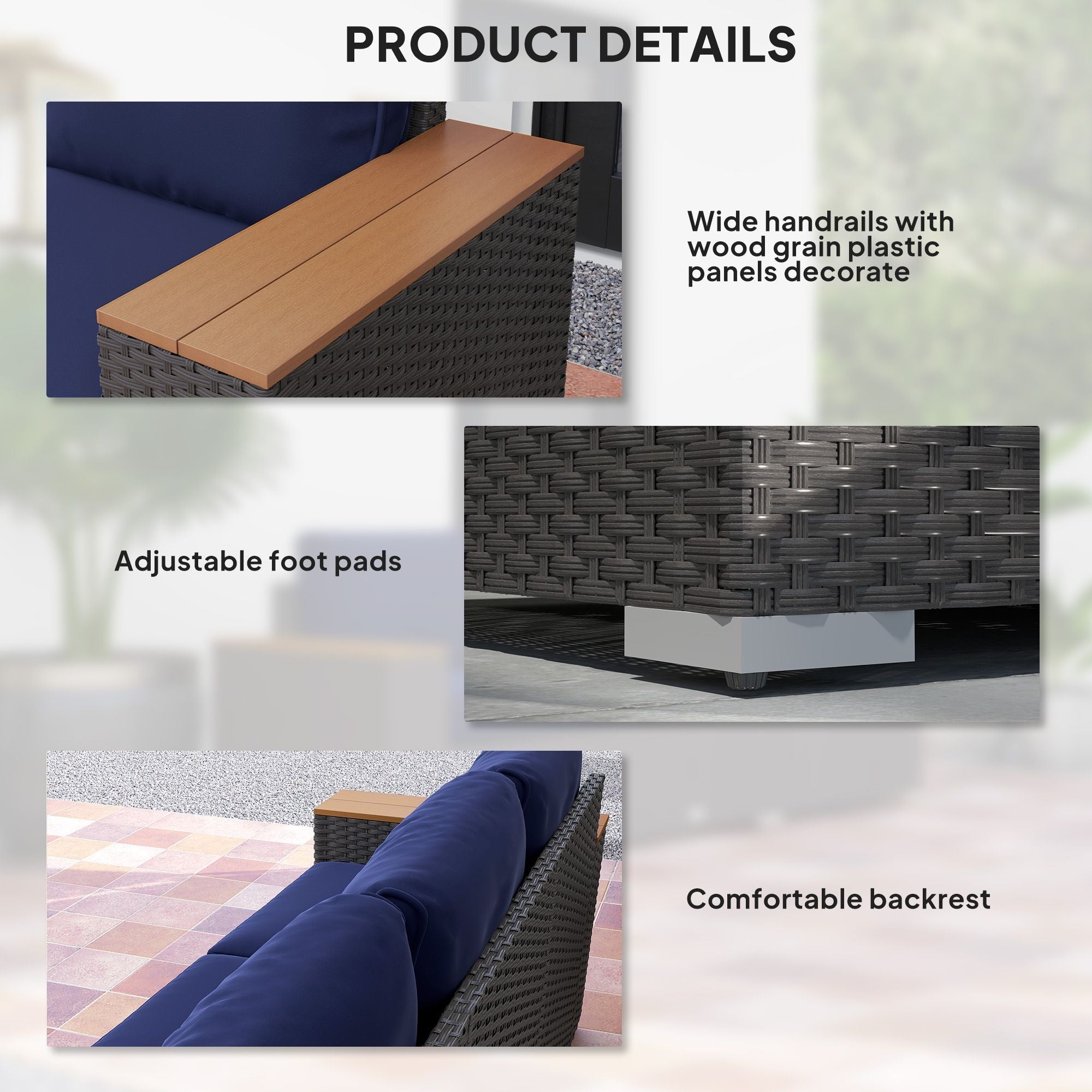 Outsunny 3-Seat Outdoor Patio Sofa with Cushions, PE Rattan Wicker Sofa with Wide Armrests, Outdoor Wicker Couch, Navy Blue