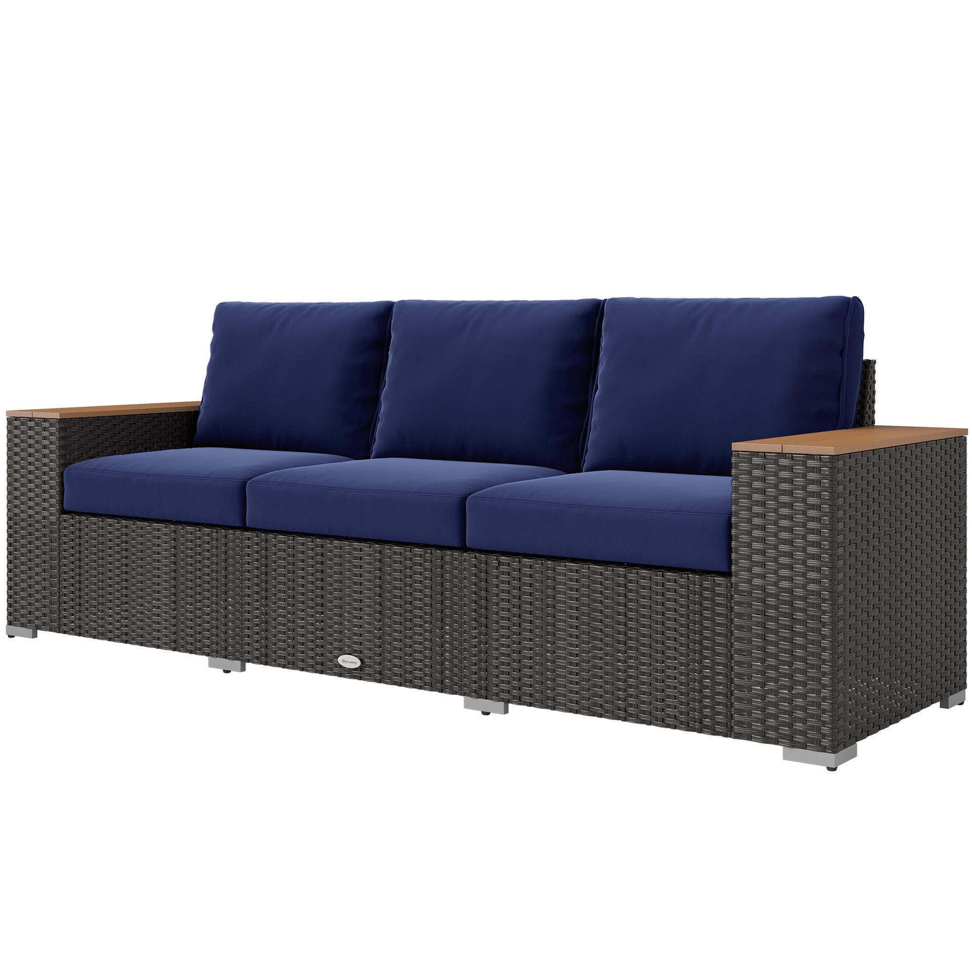Outsunny 3-Seat Outdoor Patio Sofa with Cushions, PE Rattan Wicker Sofa with Wide Armrests, Outdoor Wicker Couch, Navy Blue