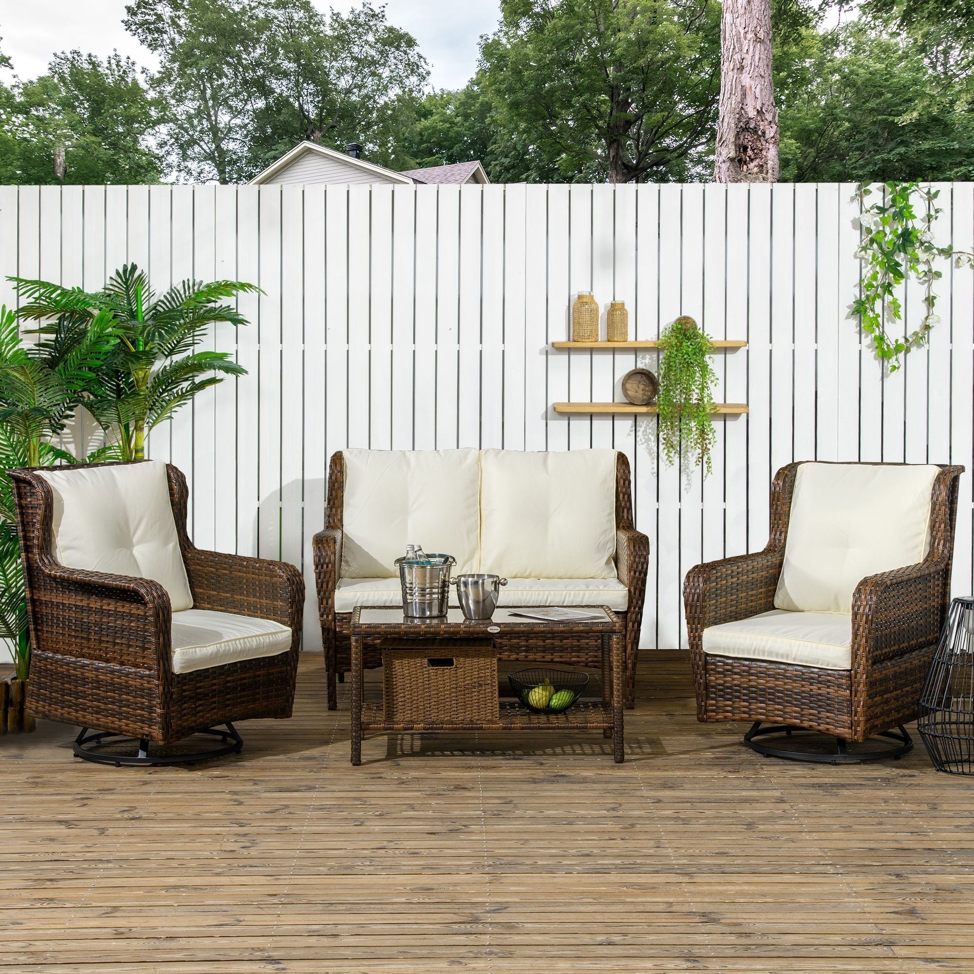 Outsunny 4pc Rattan Patio Set Outdoor Conversation with Swivel Rocking Chairs Cream