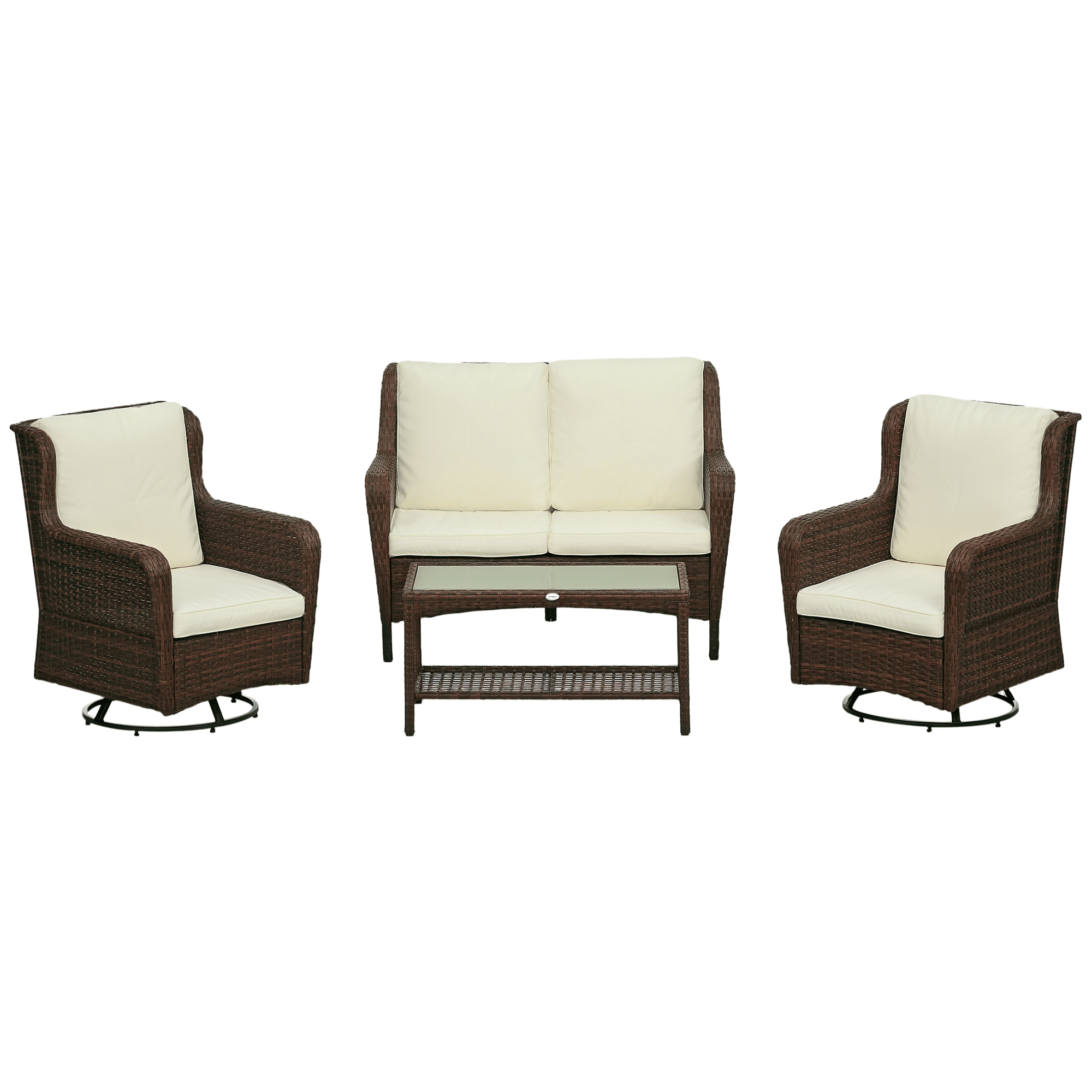 Outsunny 4pc Rattan Patio Set Outdoor Conversation with Swivel Rocking Chairs Cream