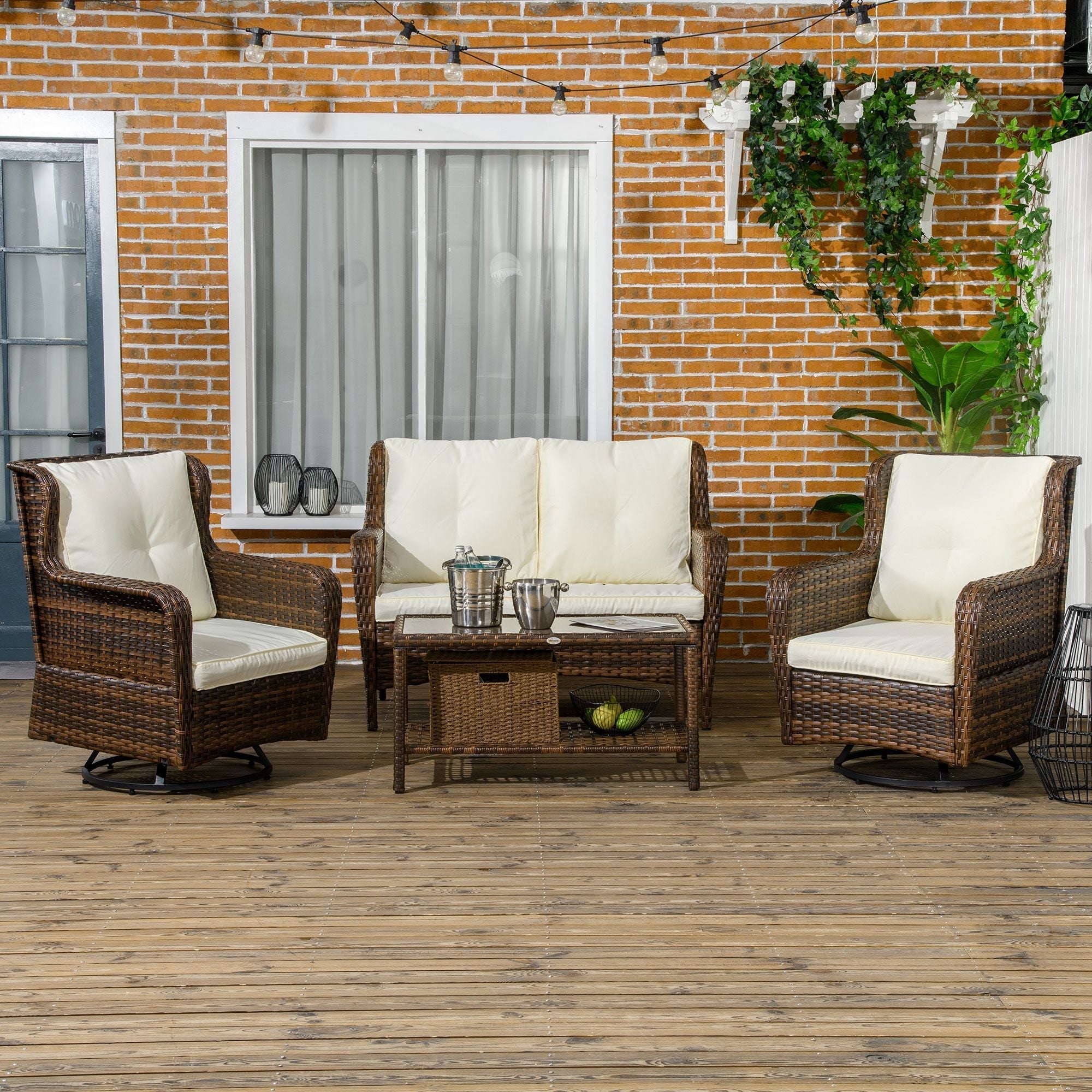 Outsunny 4pc Rattan Patio Set Outdoor Conversation with Swivel Rocking Chairs Cream