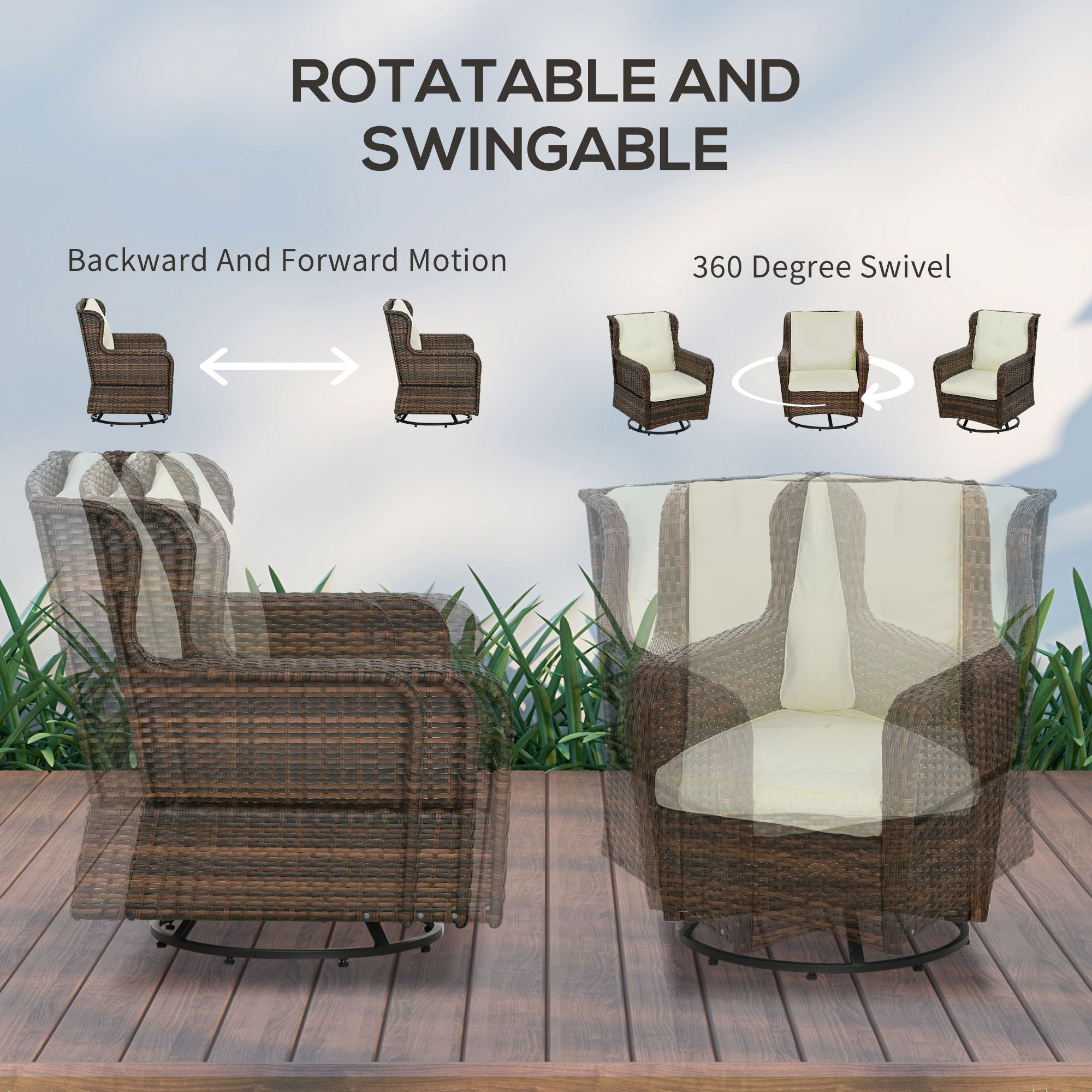 Outsunny 4pc Rattan Patio Set Outdoor Conversation with Swivel Rocking Chairs Cream