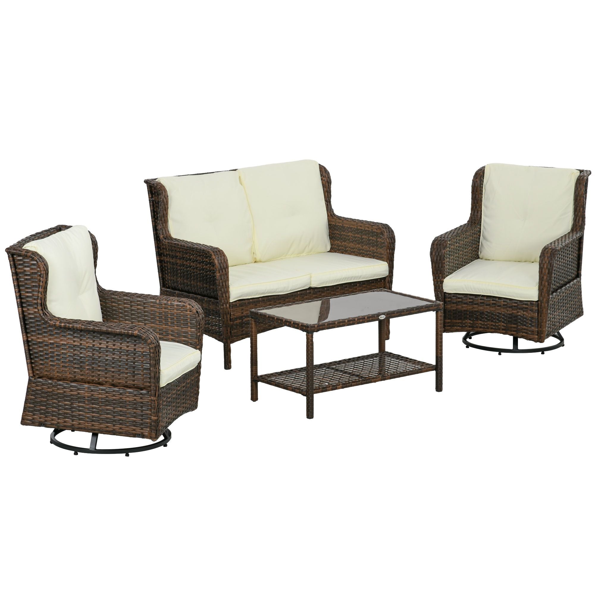 Outsunny 4pc Rattan Patio Set Outdoor Conversation with Swivel Rocking Chairs Cream
