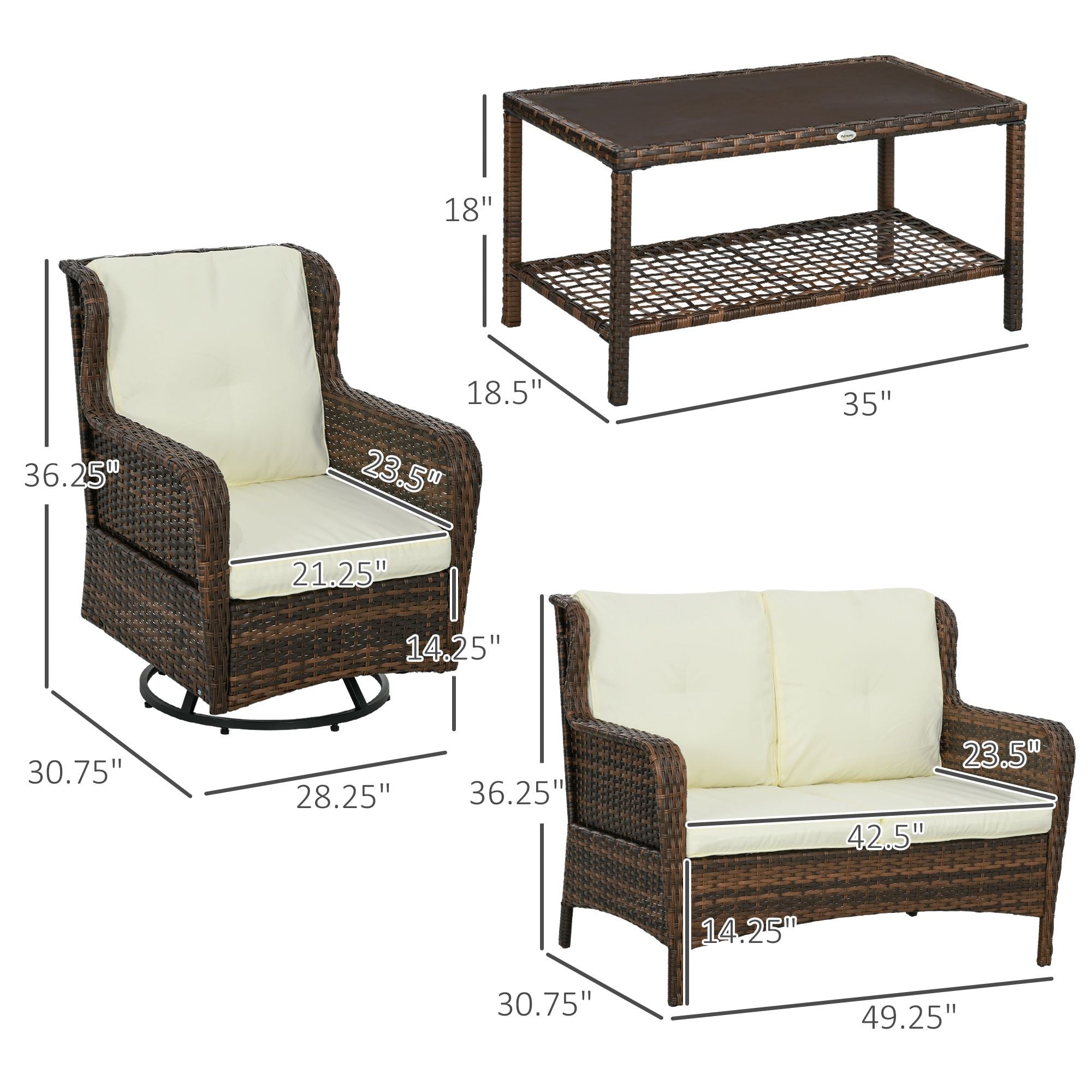 Outsunny 4pc Rattan Patio Set Outdoor Conversation with Swivel Rocking Chairs Cream