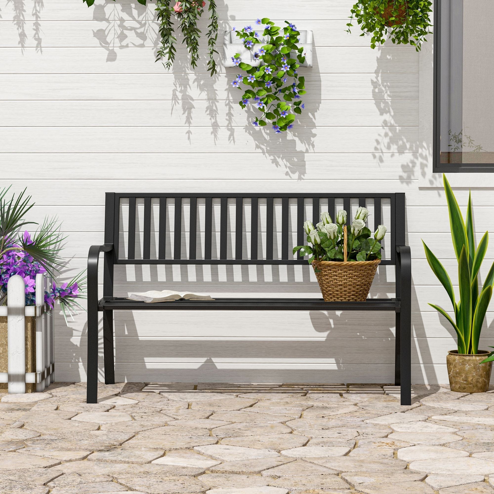 Outsunny 50ft Outdoor Bench Seat, Patio Bench with Slatted Seat, Metal Porch Bench, with 2 Person Design, for Poolside, Lawn, Black