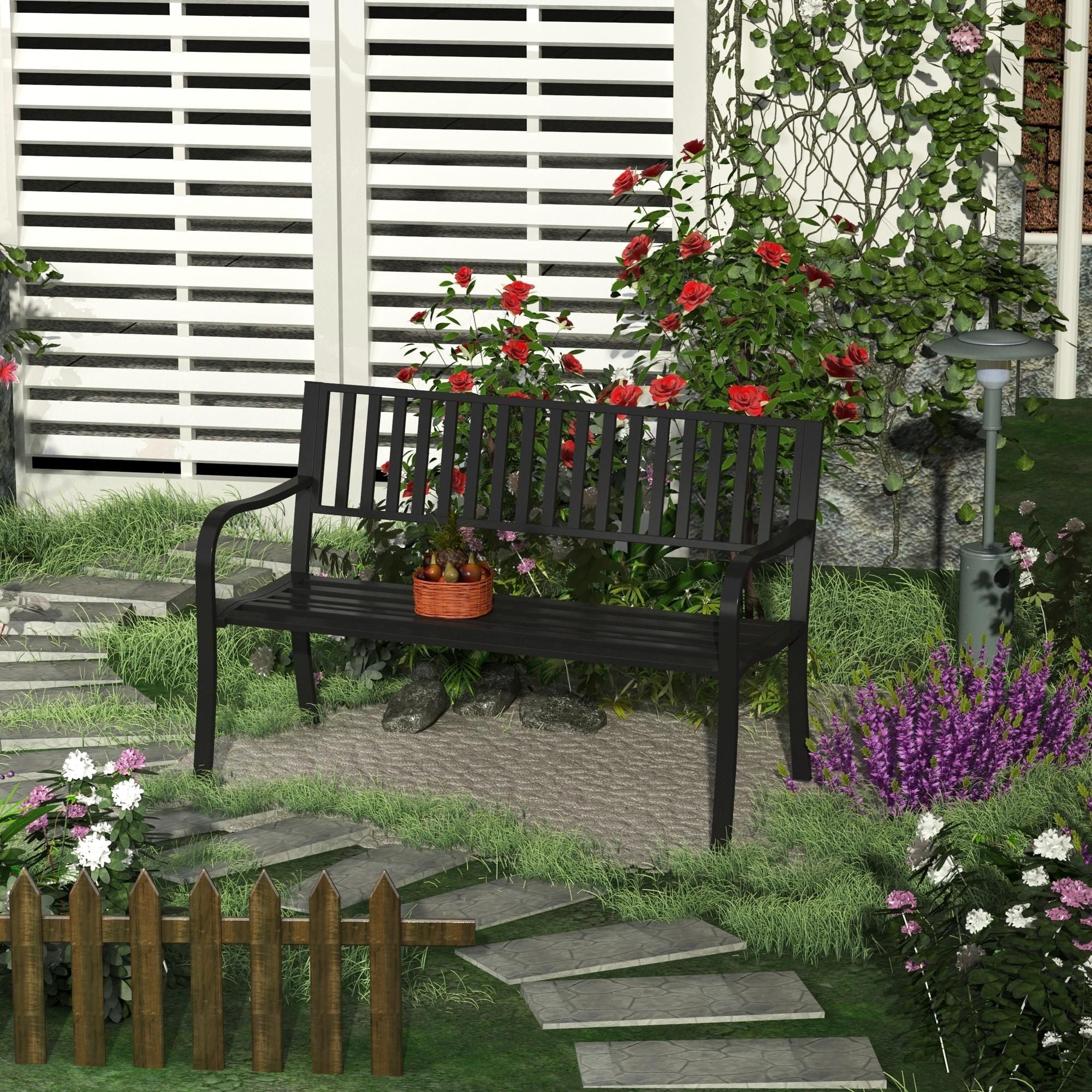 Outsunny 50ft Outdoor Bench Seat, Patio Bench with Slatted Seat, Metal Porch Bench, with 2 Person Design, for Poolside, Lawn, Black