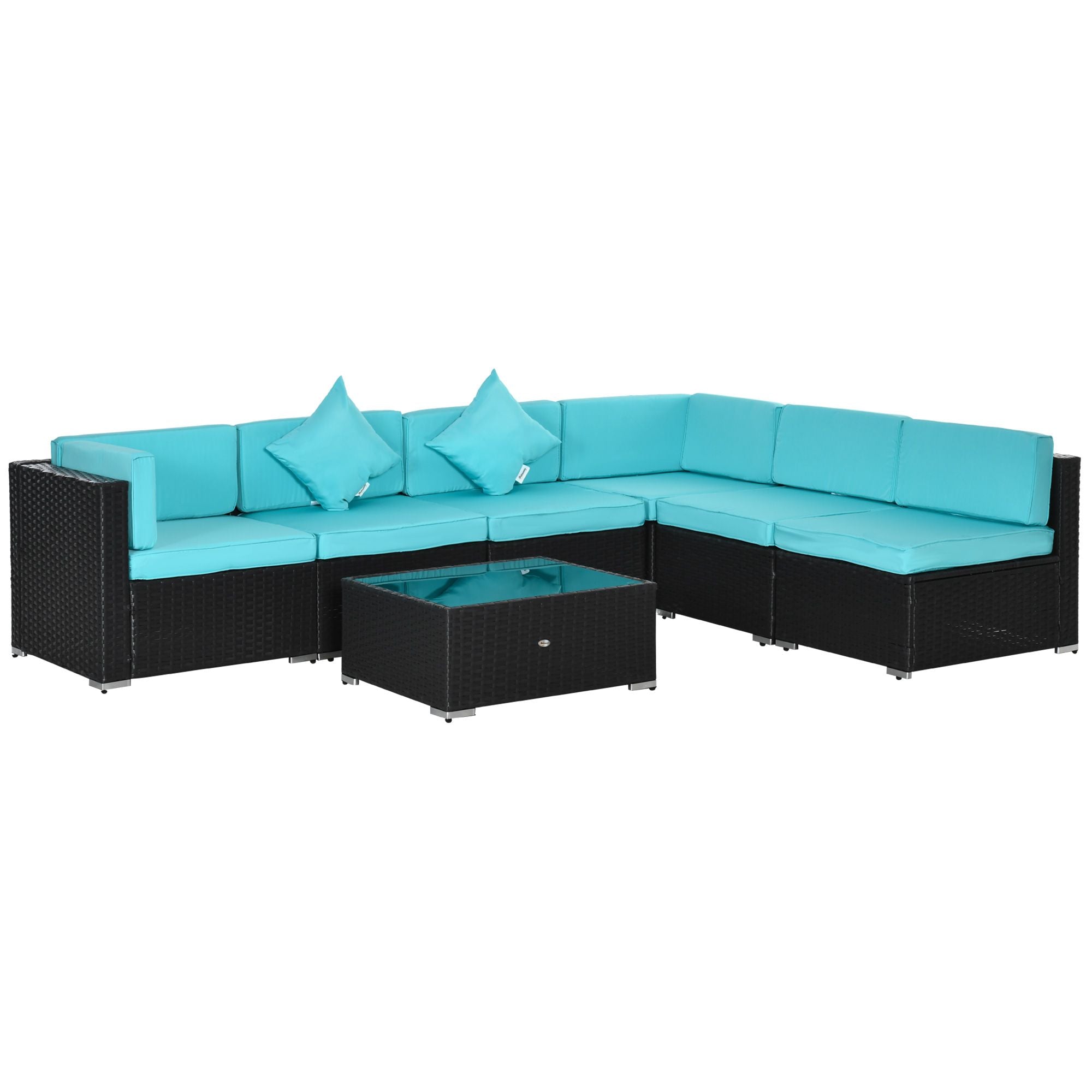 Outsunny 7-Piece Wicker Patio Conversation Set with Cushions & Glass Table, Turquoise