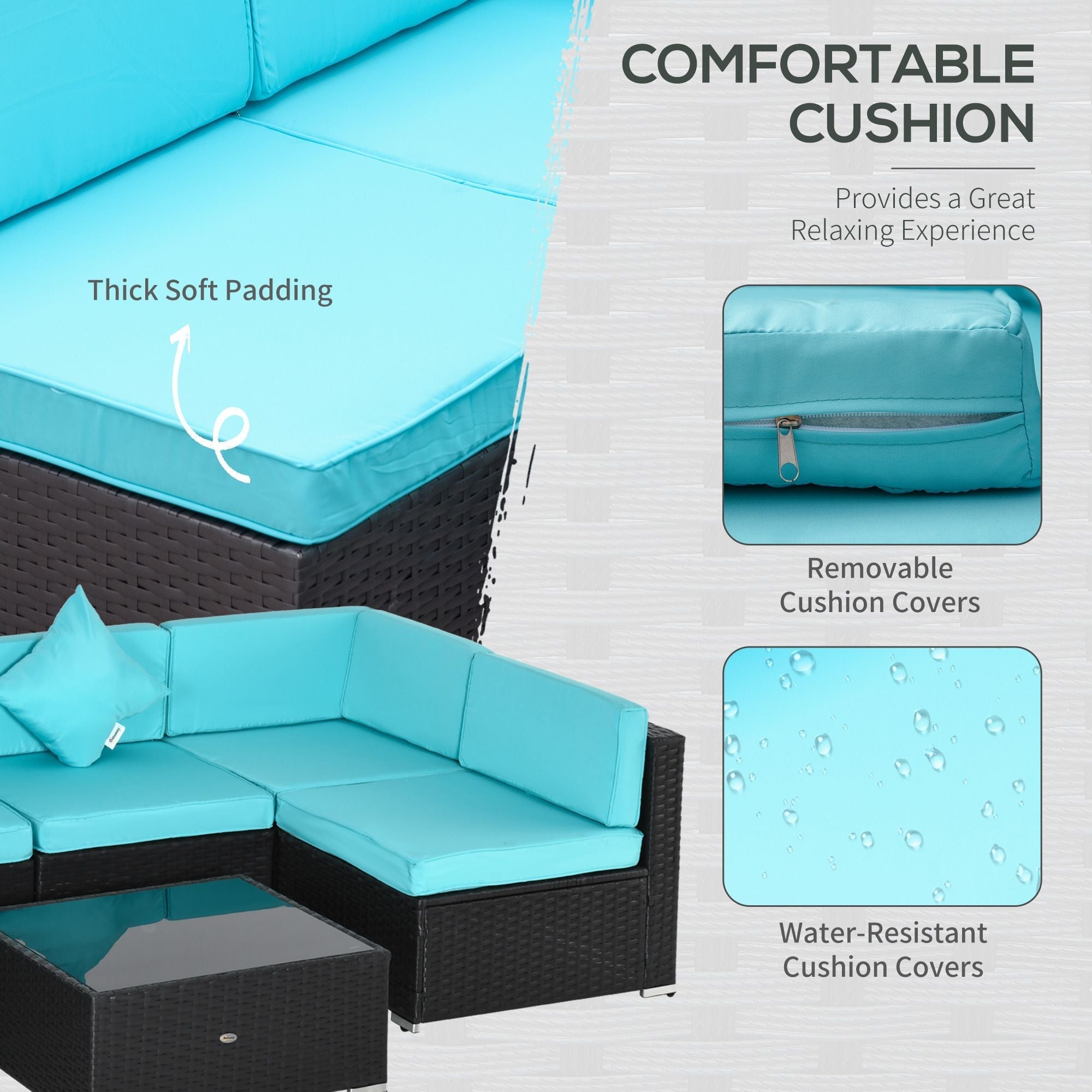 Outsunny 7-Piece Wicker Patio Conversation Set with Cushions & Glass Table, Turquoise