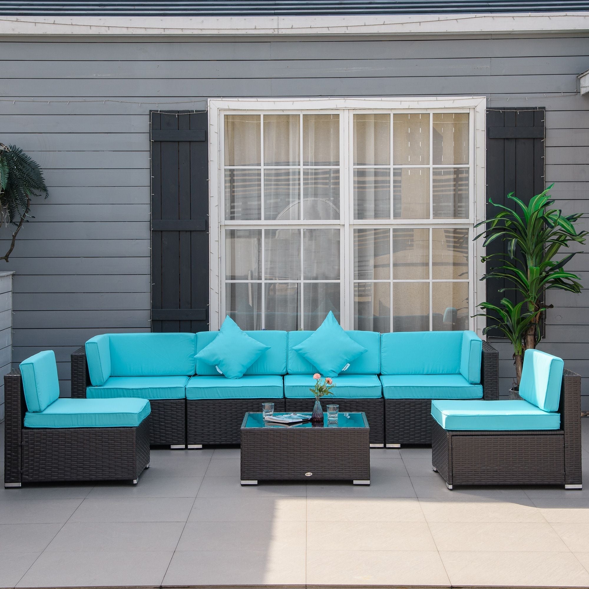 Outsunny 7-Piece Wicker Patio Conversation Set with Cushions & Glass Table, Turquoise