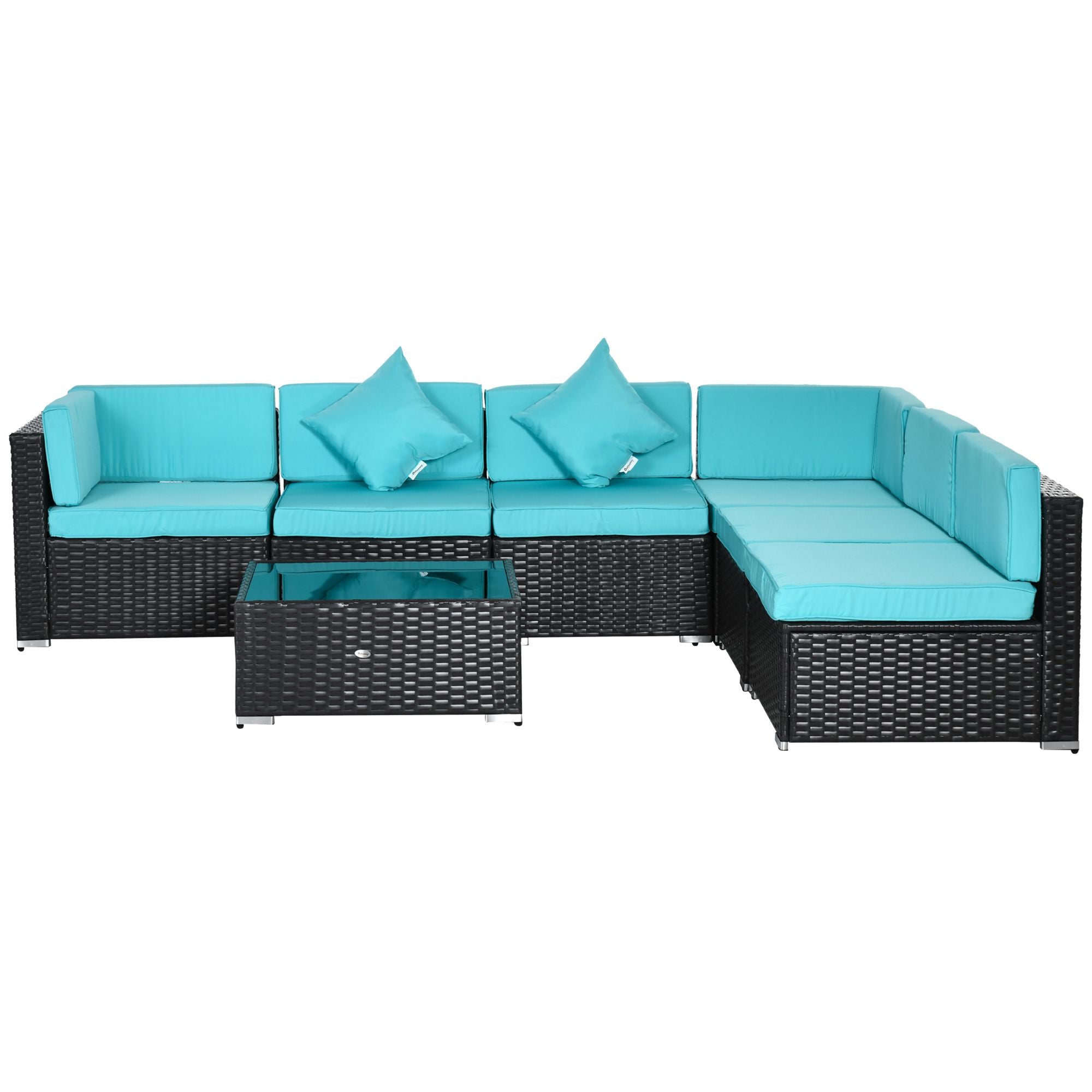 Outsunny 7-Piece Wicker Patio Conversation Set with Cushions & Glass Table, Turquoise