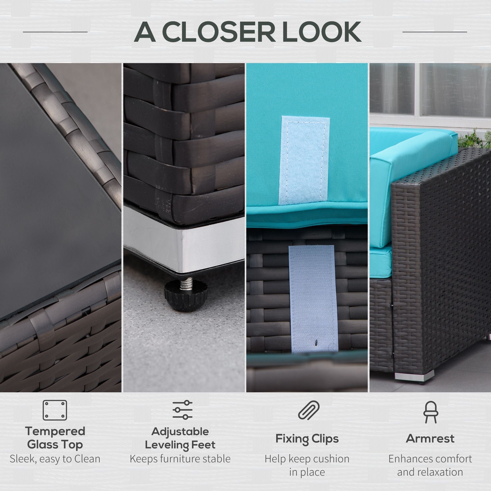 Outsunny 7-Piece Wicker Patio Conversation Set with Cushions & Glass Table, Turquoise