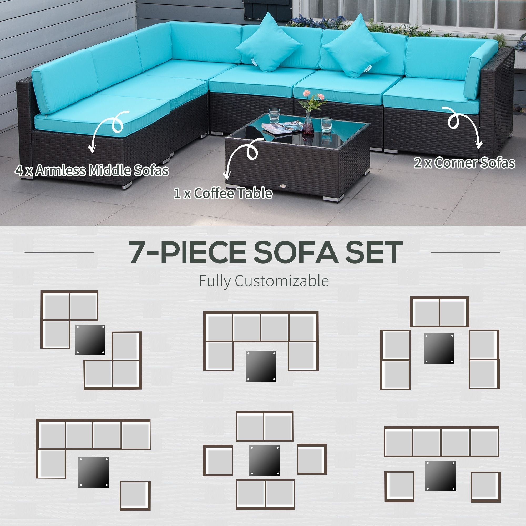 Outsunny 7-Piece Wicker Patio Conversation Set with Cushions & Glass Table, Turquoise