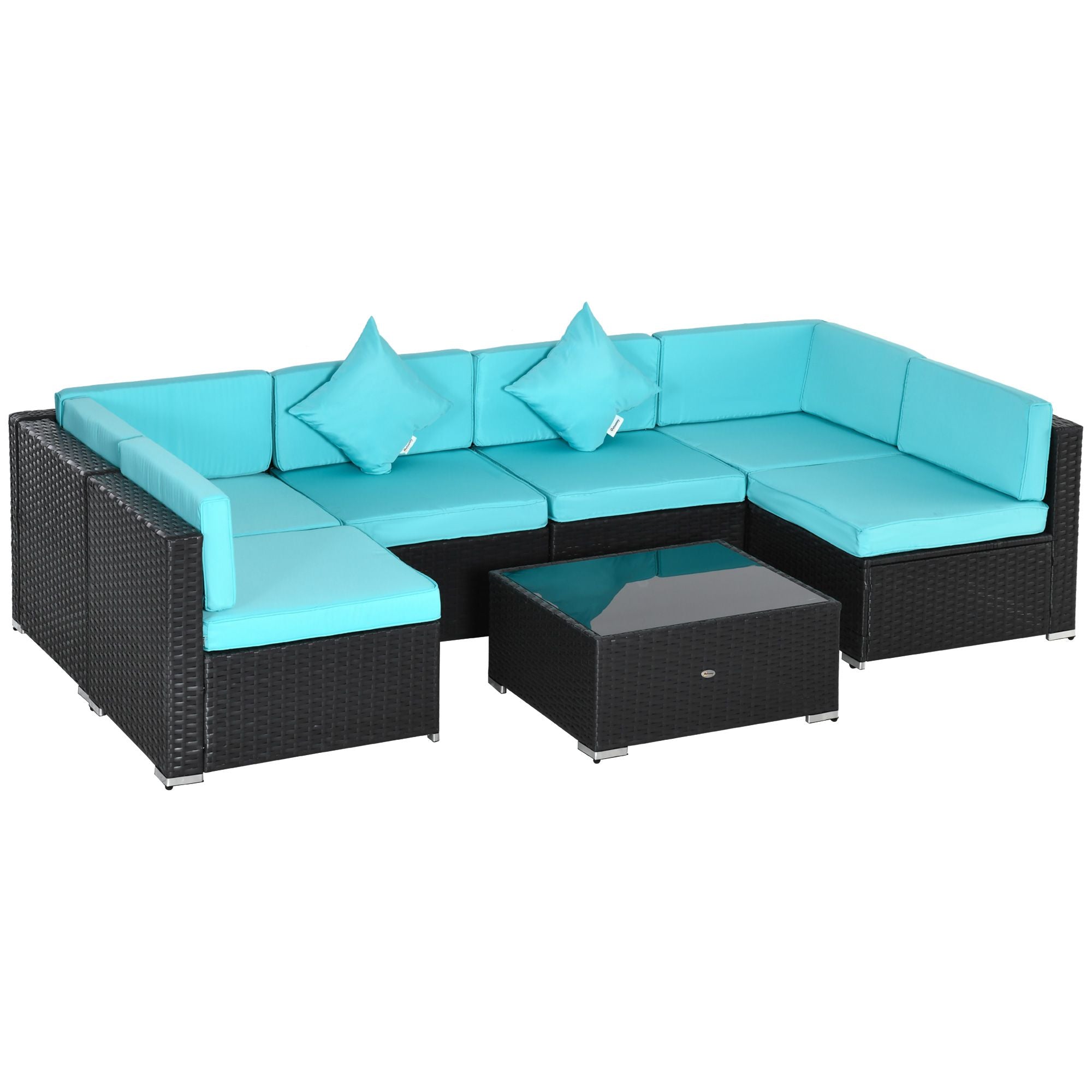 Outsunny 7-Piece Wicker Patio Conversation Set with Cushions & Glass Table, Turquoise