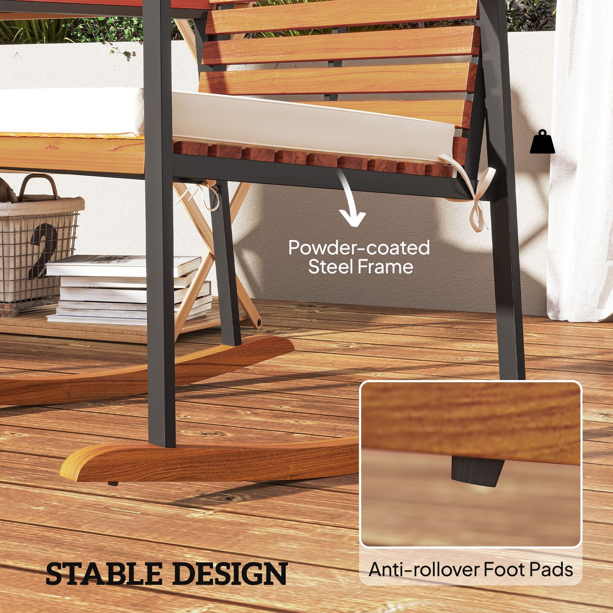 Acacia Wood Outdoor Lawn Rocking Chair Set of 2, Outdoor Patio Rocking Chairs with Armrests, Cushion, Cream White