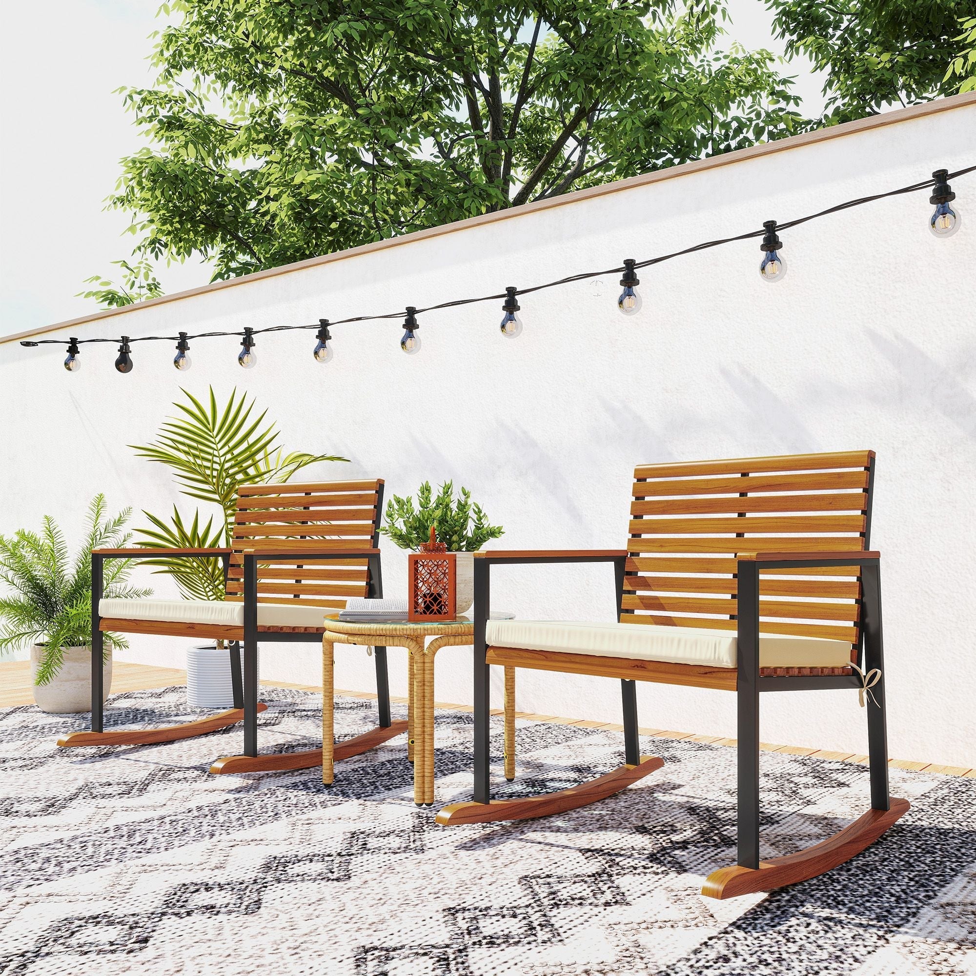 Acacia Wood Outdoor Lawn Rocking Chair Set of 2, Outdoor Patio Rocking Chairs with Armrests, Cushion, Cream White