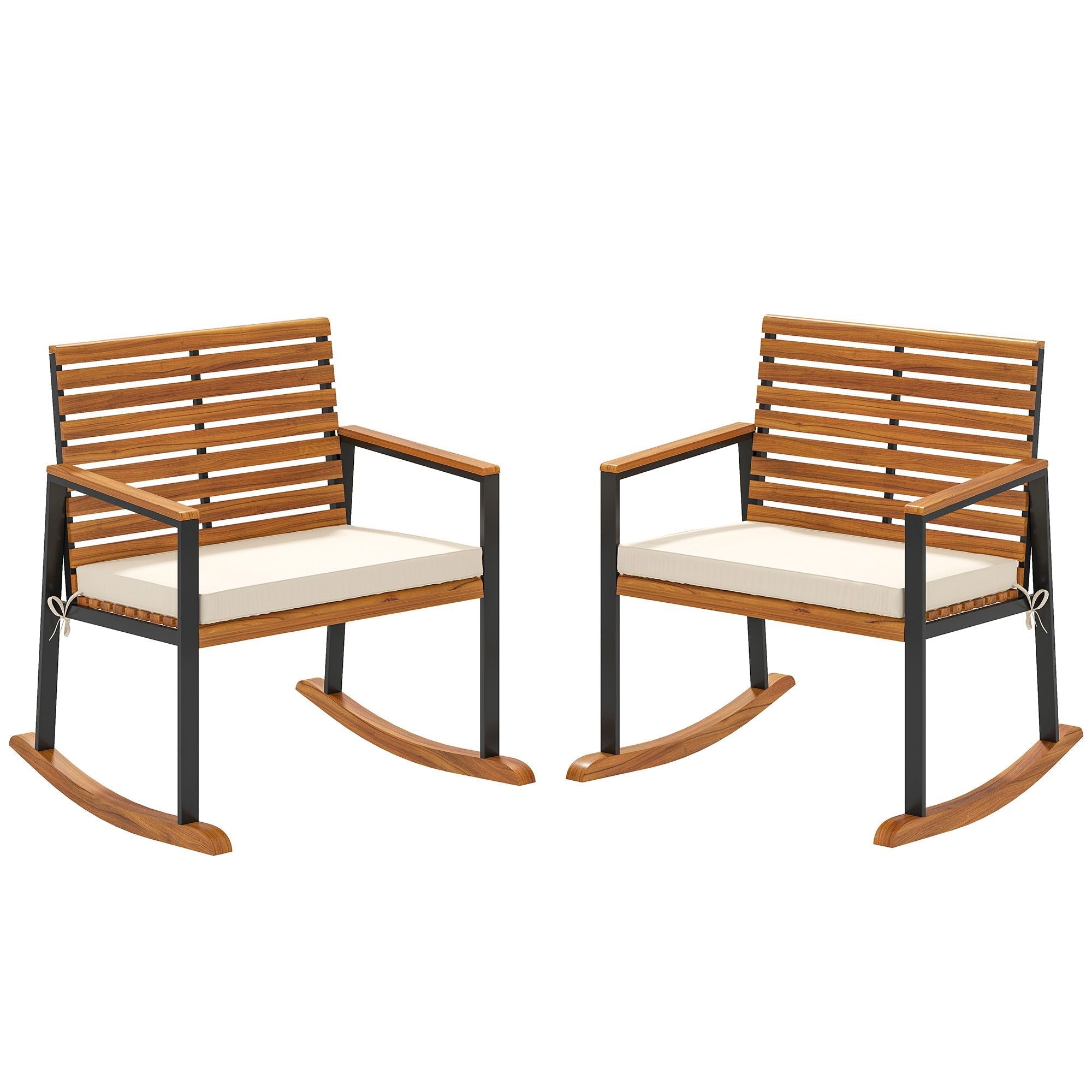 Acacia Wood Outdoor Lawn Rocking Chair Set of 2, Outdoor Patio Rocking Chairs with Armrests, Cushion, Cream White