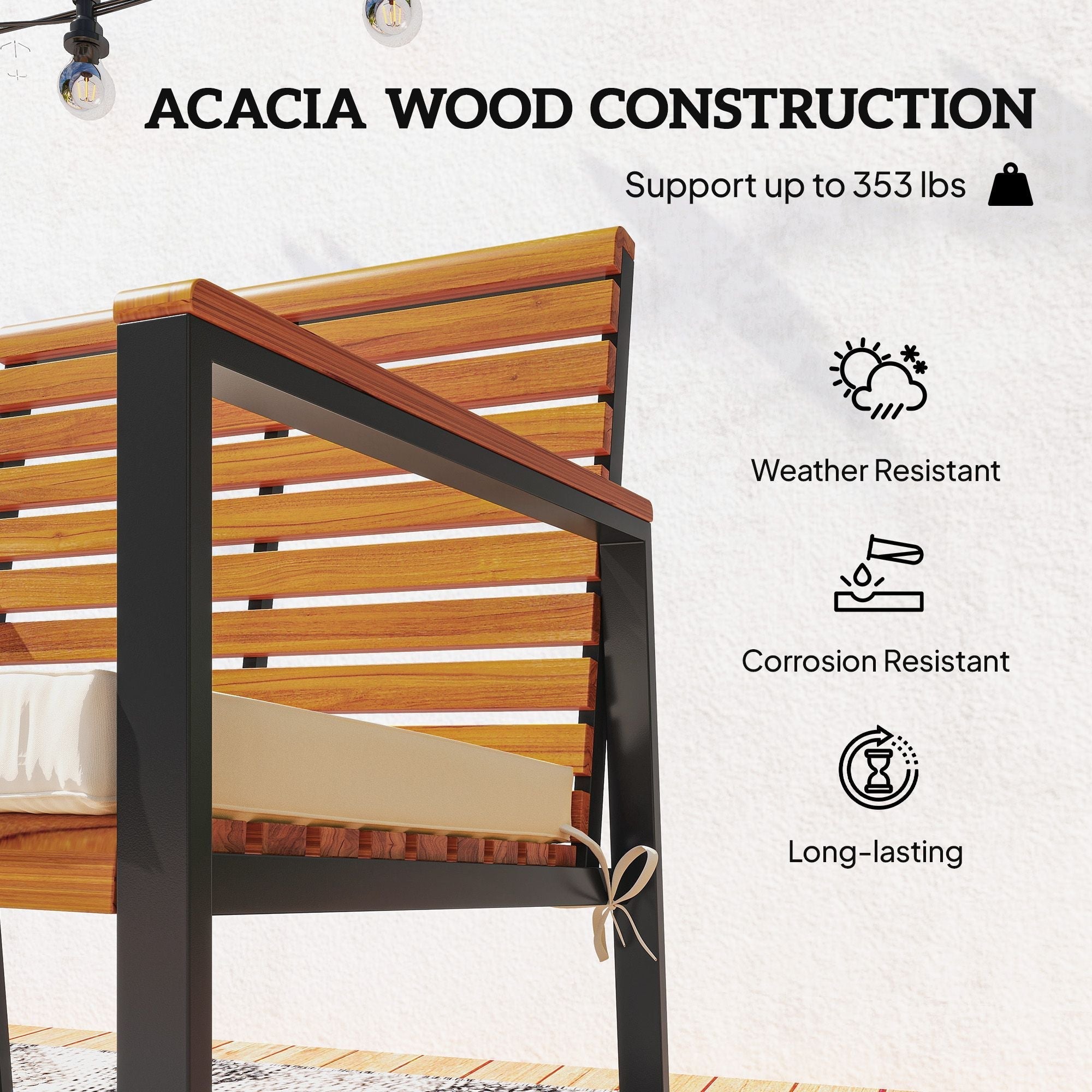 Acacia Wood Outdoor Lawn Rocking Chair Set of 2, Outdoor Patio Rocking Chairs with Armrests, Cushion, Cream White