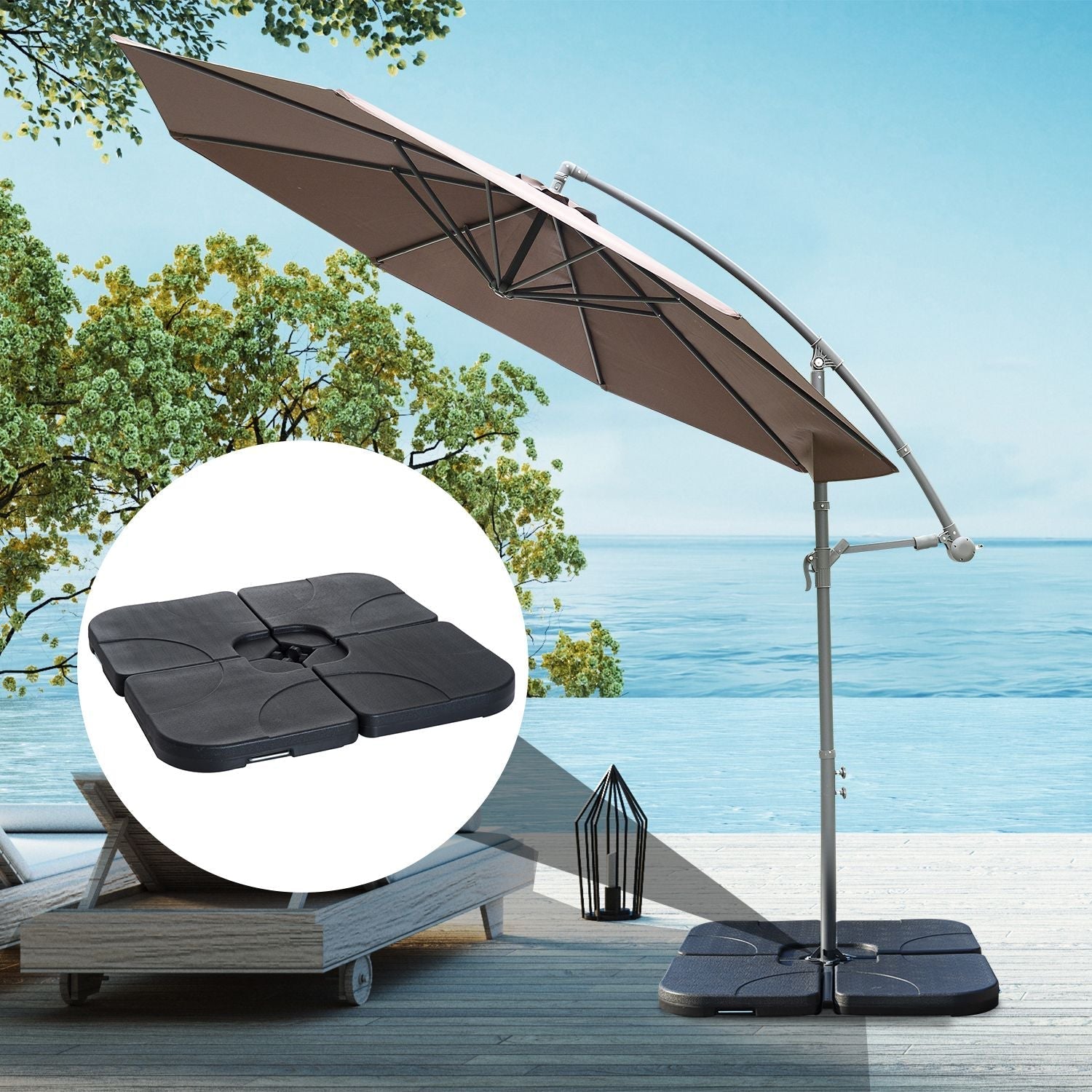Outsunny Cantilever Patio Umbrella Base, 4-Piece Offset Stand, 158 lb Sand or 60L Water Capacity, Black