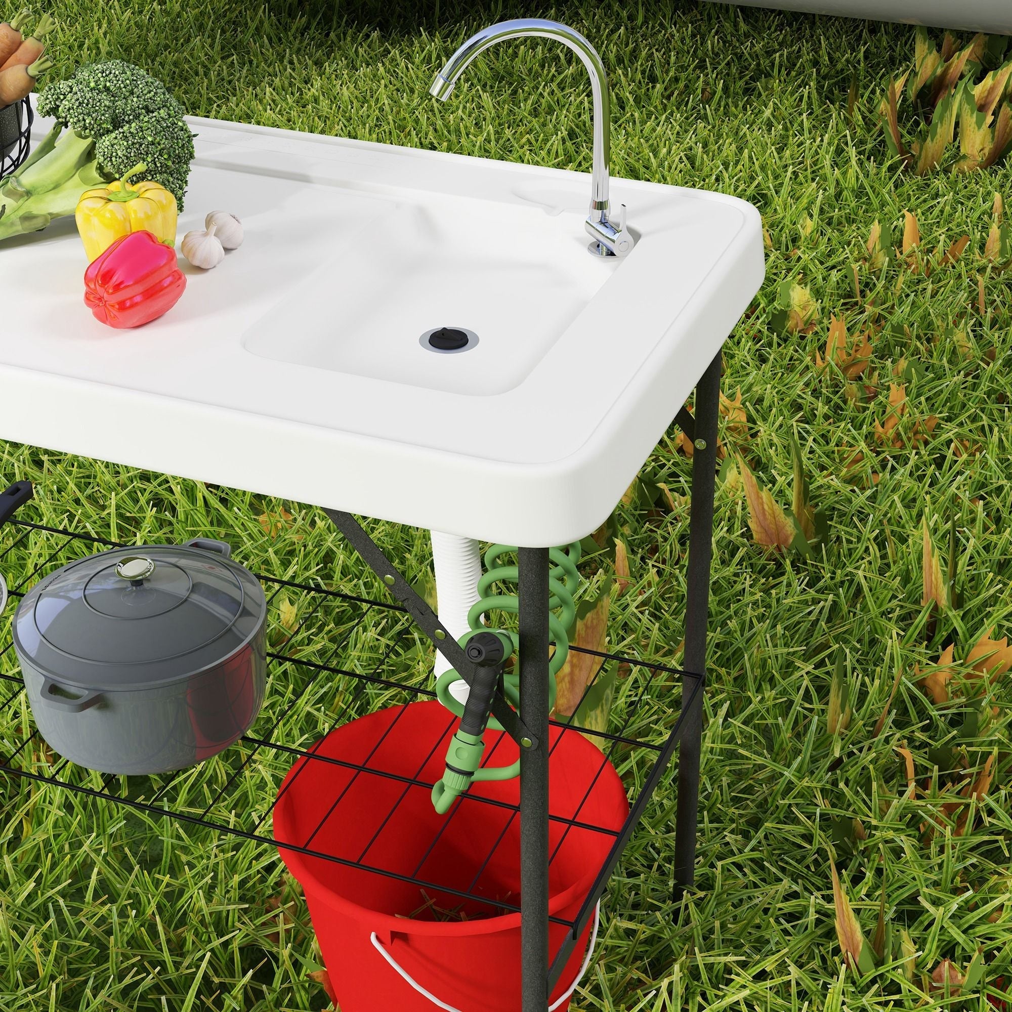 Outsunny Folding Fish Cleaning Table with Sink, Portable Camping Table with Faucet, Drainage Hose, Sprayer and Shelf, White