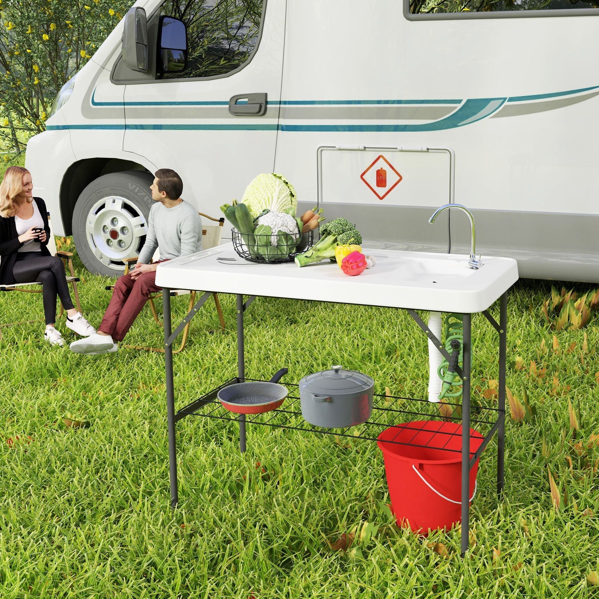 Outsunny Folding Fish Cleaning Table with Sink, Portable Camping Table with Faucet, Drainage Hose, Sprayer and Shelf, White