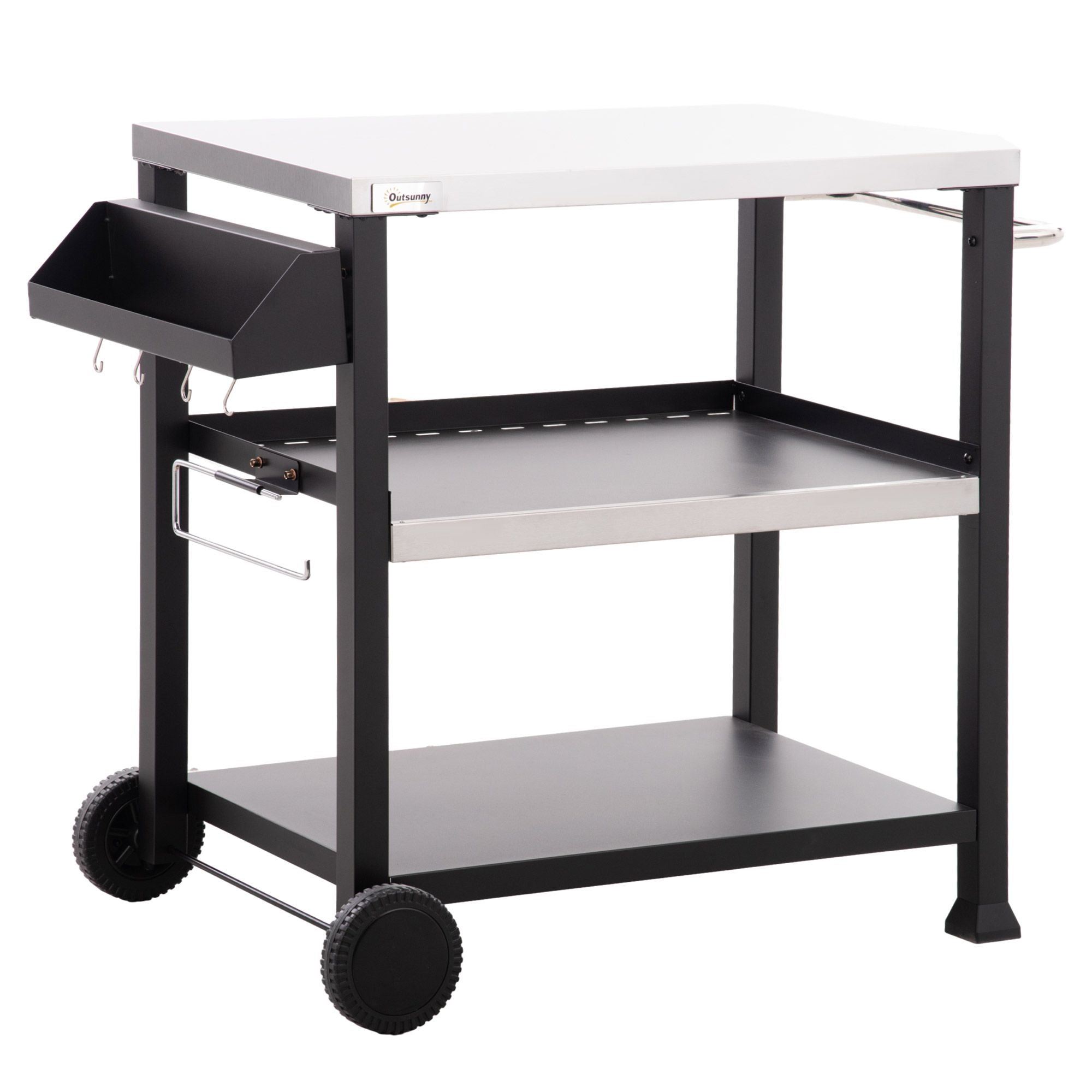 Outsunny Grill Cart Table Outdoor, 3-Shelf Stainless Steel, Pizza Oven Stand, Black with BBQ Wheels & Side Handle