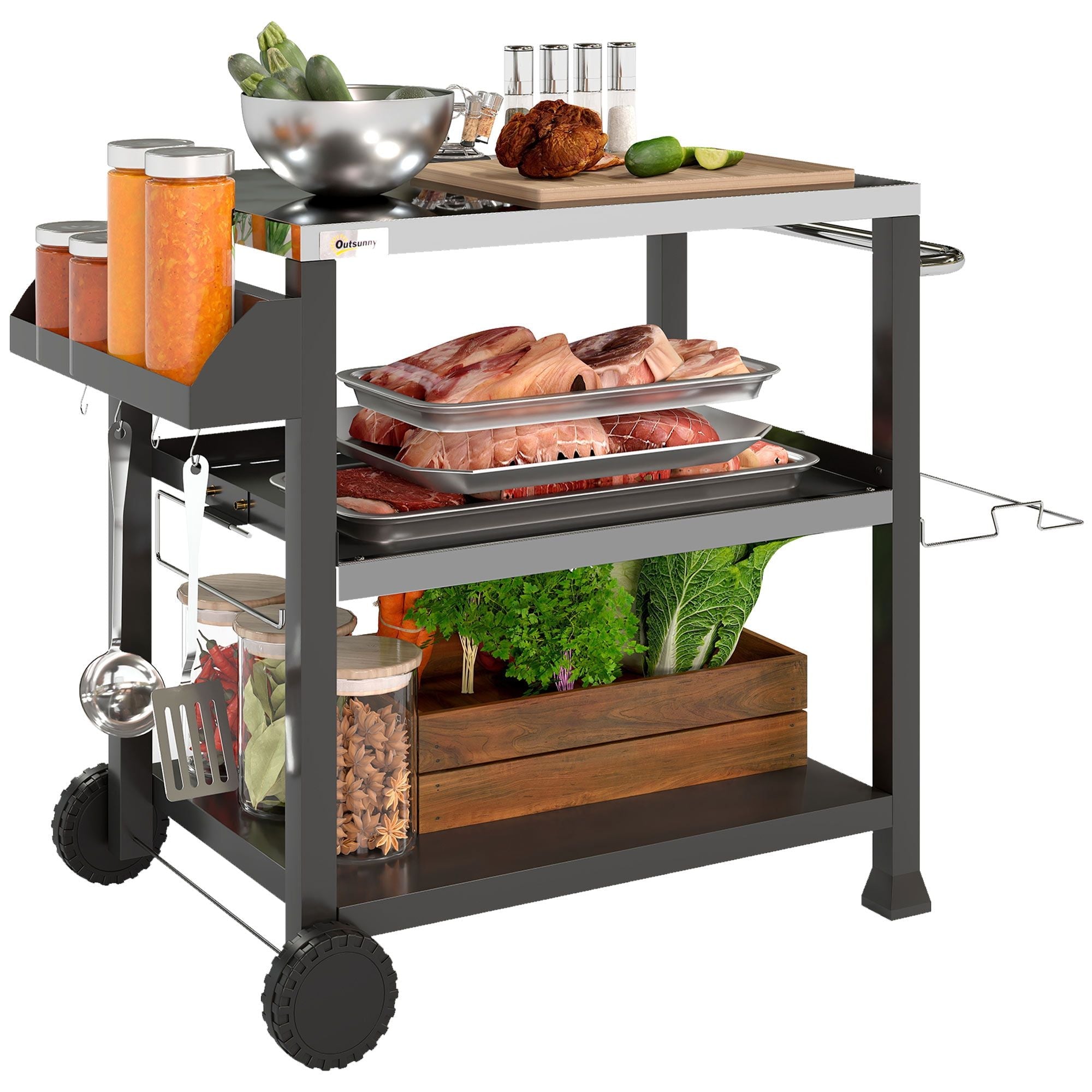 Outsunny Grill Cart Table Outdoor, 3-Shelf Stainless Steel, Pizza Oven Stand, Black with BBQ Wheels & Side Handle