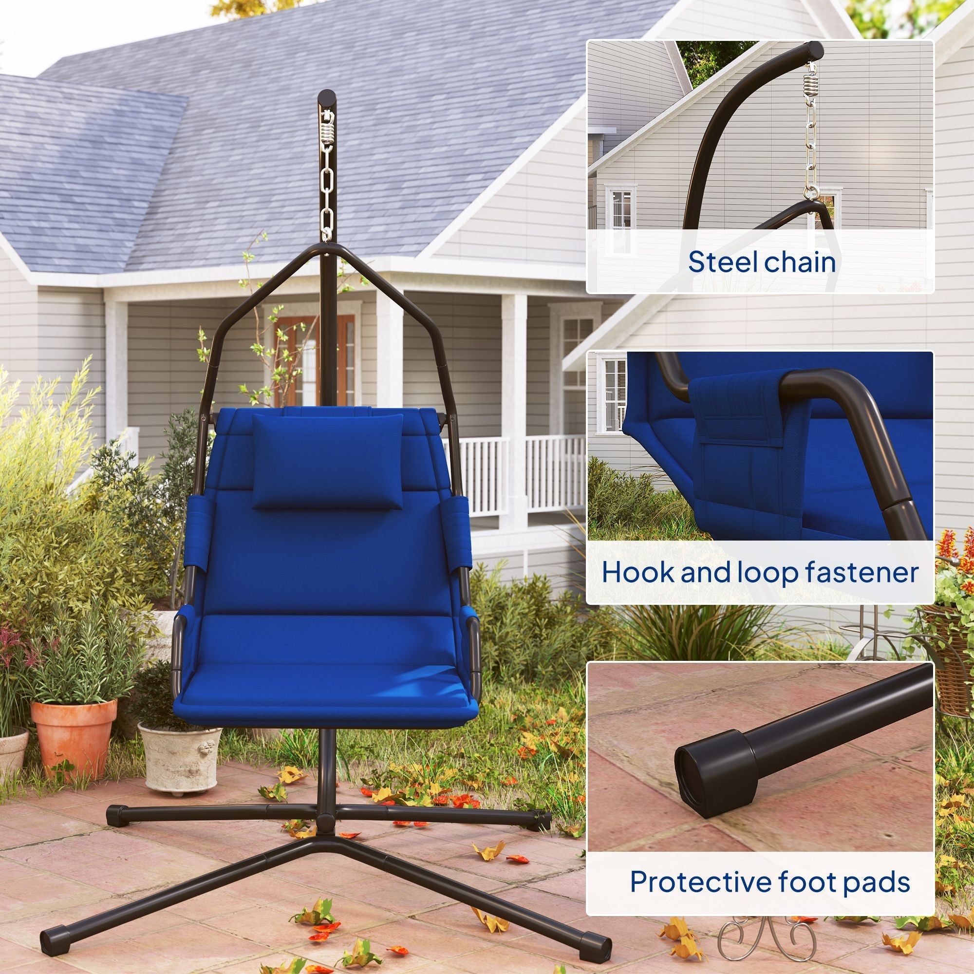 Outsunny Hammock Chair with Stand and PA Coating Cushion, Hanging Swing Chair with Steel Frame for Indoor and Outdoor, Dark Blue