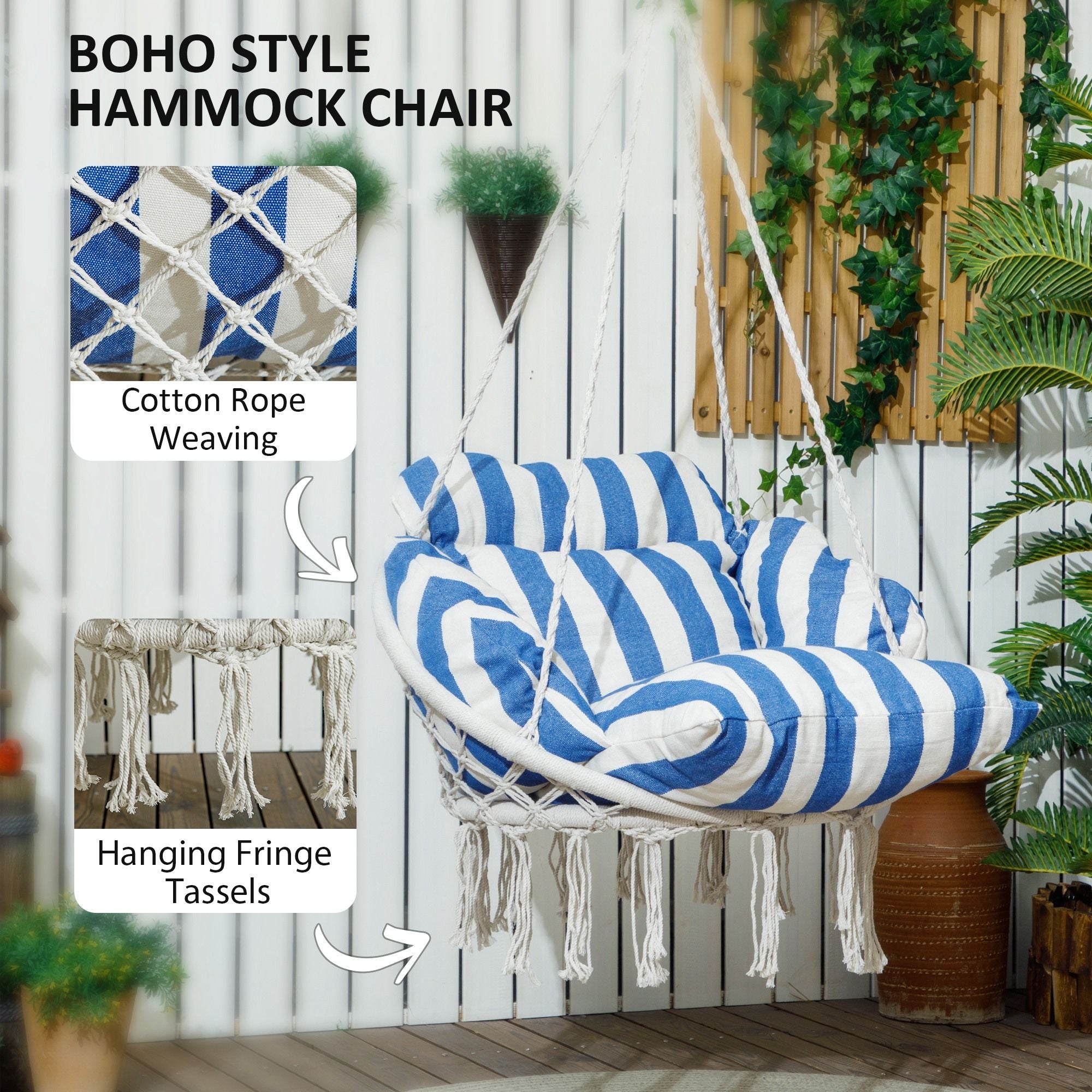 Outsunny Hammock Swing Chair, Macrame Hanging Chair with Large Cushion, Chain, Steel Frame for Indoor Outdoor Use, Blue and White