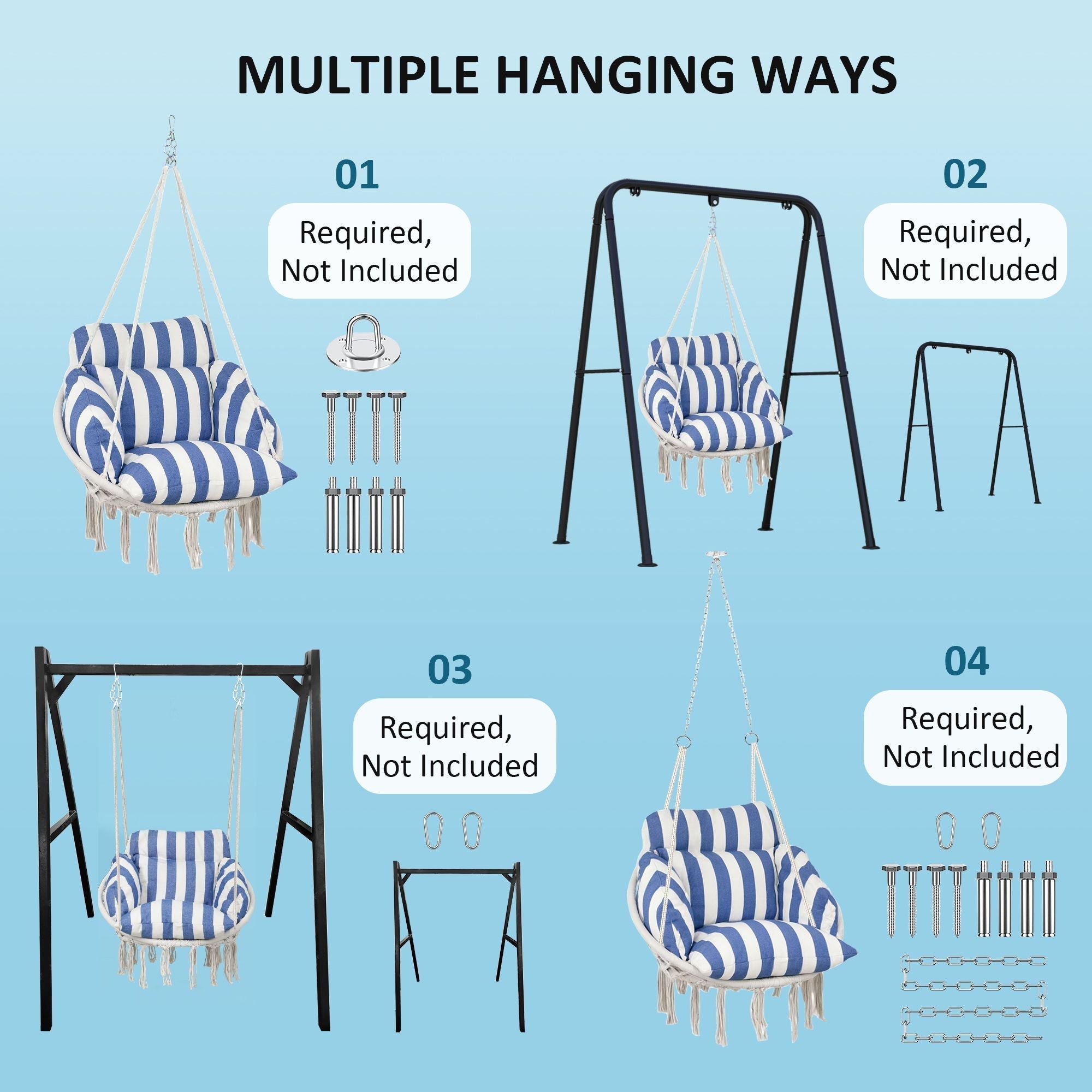 Outsunny Hammock Swing Chair, Macrame Hanging Chair with Large Cushion, Chain, Steel Frame for Indoor Outdoor Use, Blue and White