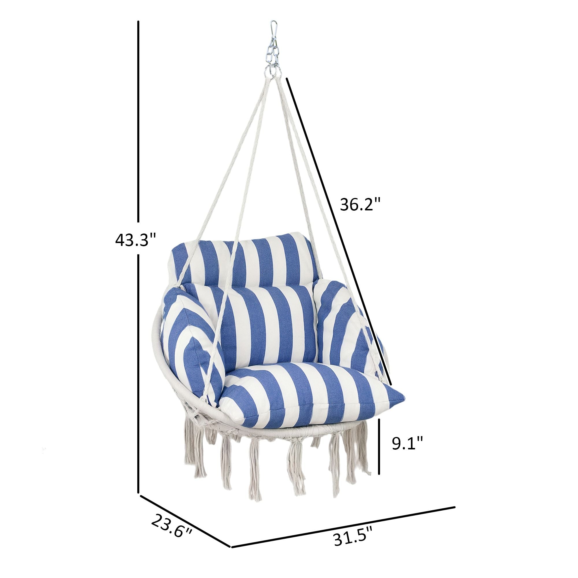 Outsunny Hammock Swing Chair, Macrame Hanging Chair with Large Cushion, Chain, Steel Frame for Indoor Outdoor Use, Blue and White