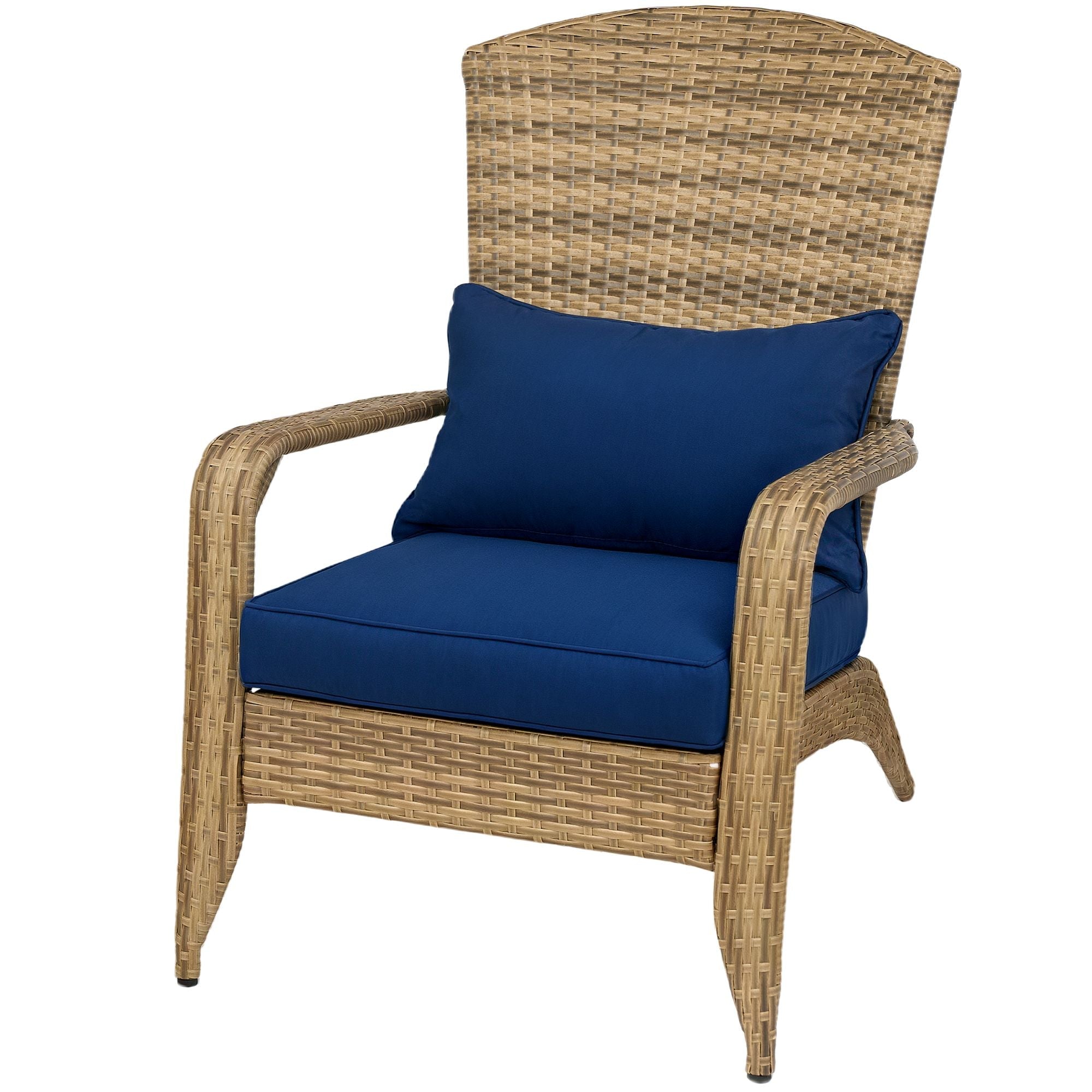 Outsunny Patio Adirondack Chair with Rattan Wicker, Soft Cushions, Tall Curved Backrest for Deck or Garden, Dark Blue