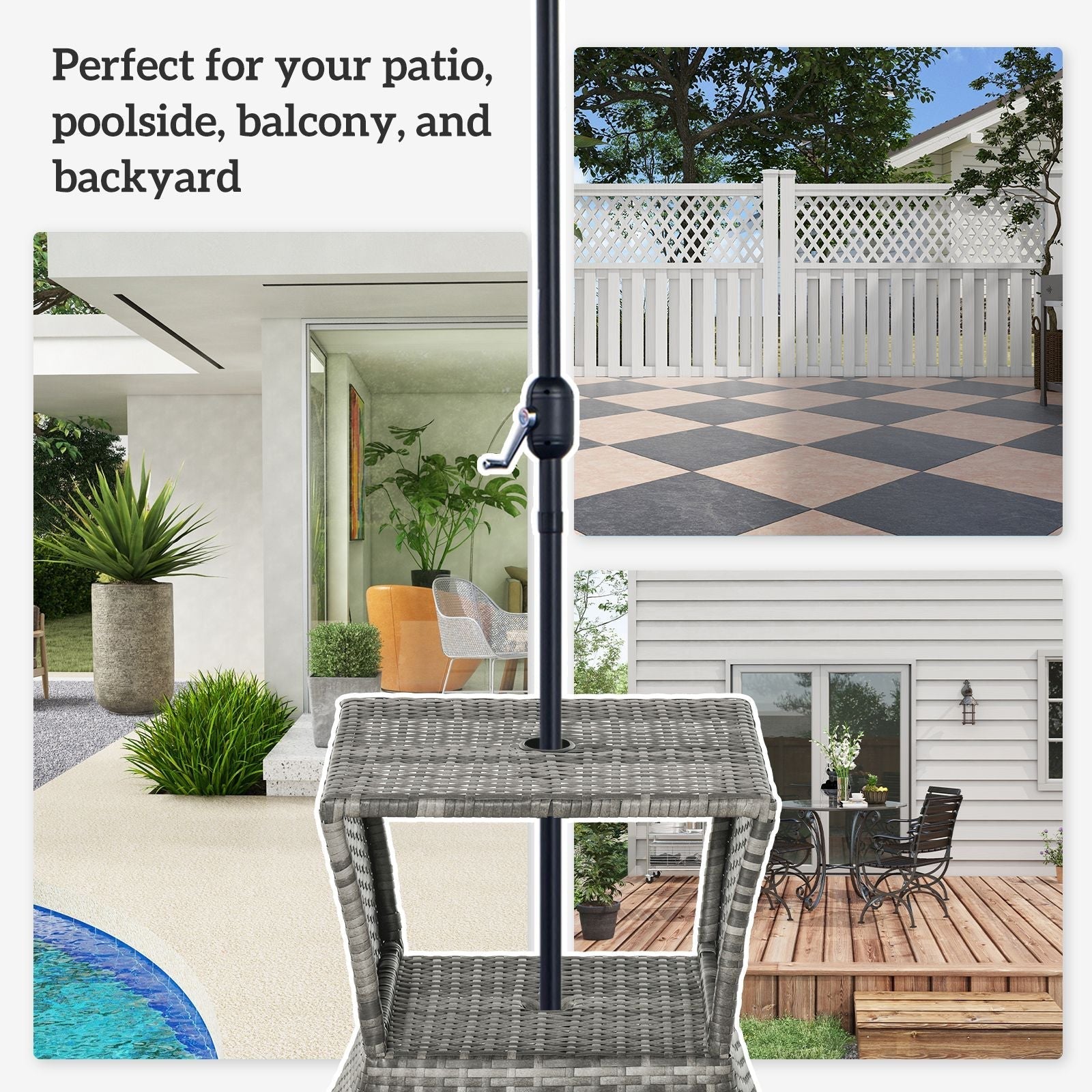 Outsunny Rattan Tea Bistro Side Table with Umbrella Hole, 2-Tier Storage Shelf, Gray, for Patio & Backyard